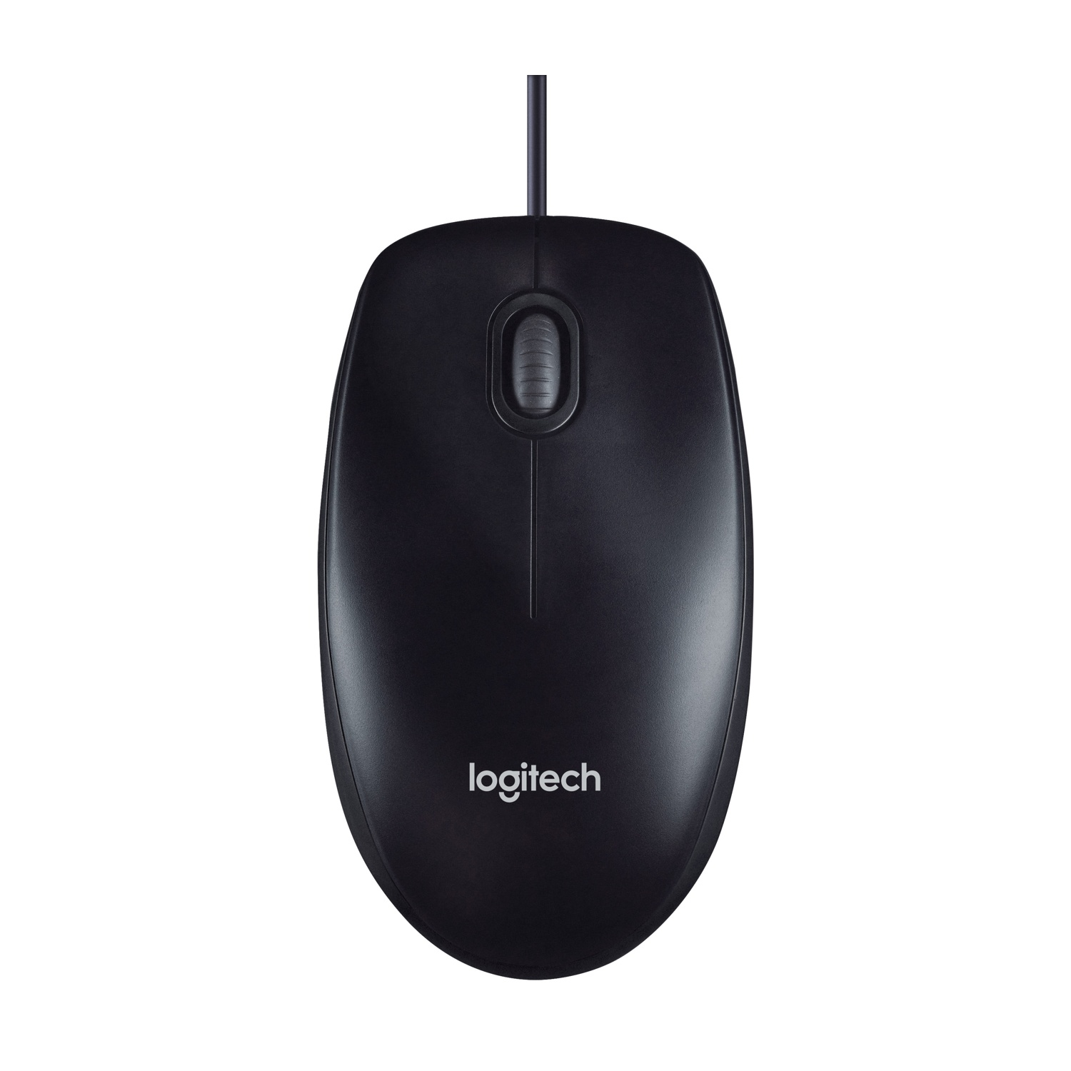 Un mouse per computer Logitech nero su sfondo bianco. Ha una rotellina, due pulsanti e un cavo. Il marchio è visibile.