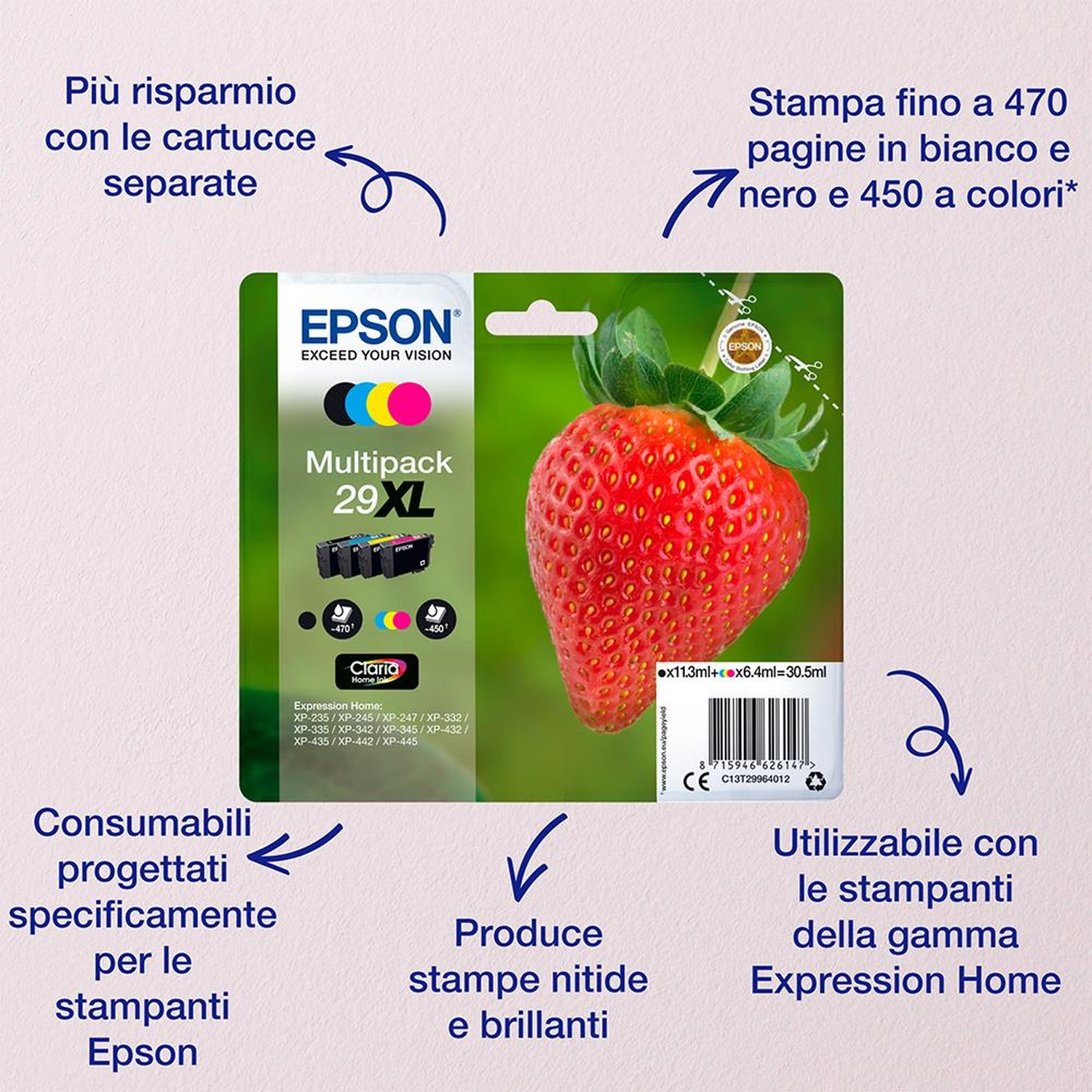 Confezione di cartucce d'inchiostro Epson con fragola. Contiene inchiostro nero, ciano, magenta e giallo. Offre fino a 470 stampe in bianco e nero e 450 a colori.