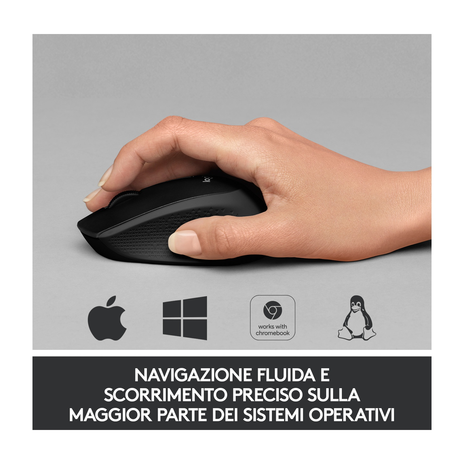 Una mano usa un mouse nero. Sotto, loghi Apple, Windows, Chrome OS e Linux, insieme a testo in italiano.