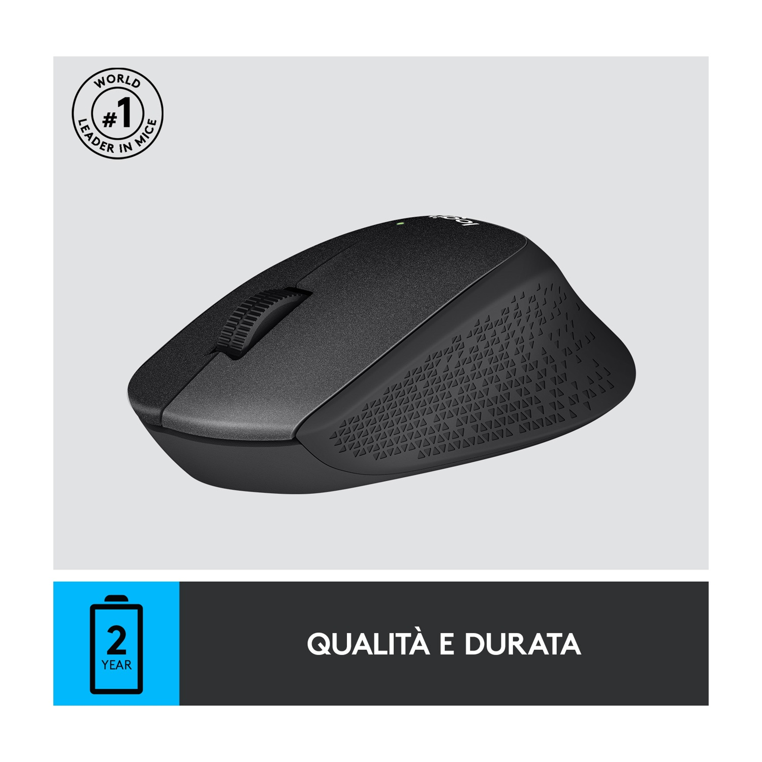 Viene mostrato un mouse Logitech nero con un lato strutturato. Ha una rotella di scorrimento e un logo 'World #1 Leader in Mice'. Lo sfondo è grigio chiaro.