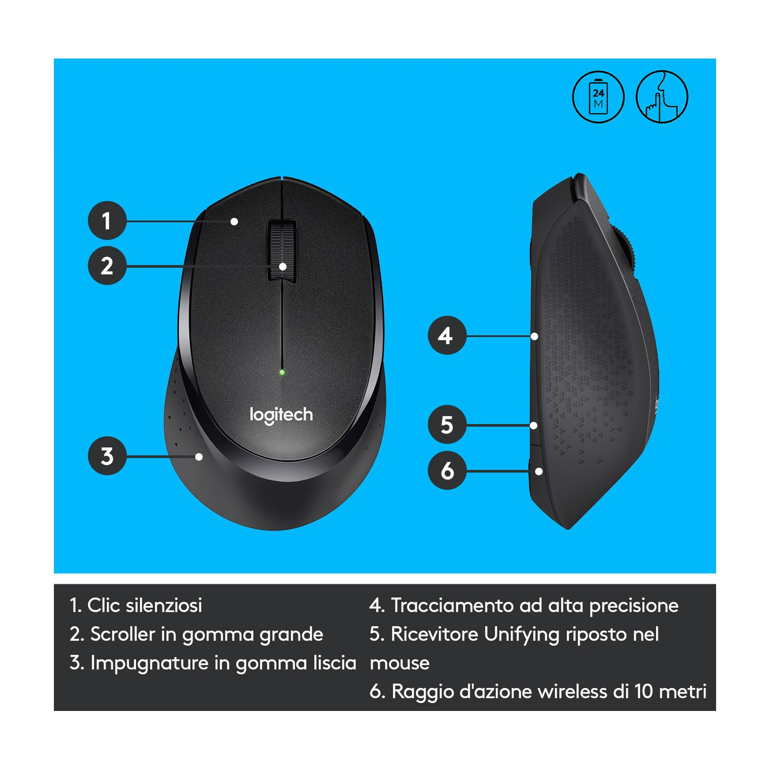 Mouse Logitech nero con funzioni numerate: clic silenzioso, rotella in gomma grande, impugnatura liscia, tracking di precisione e portata wireless.