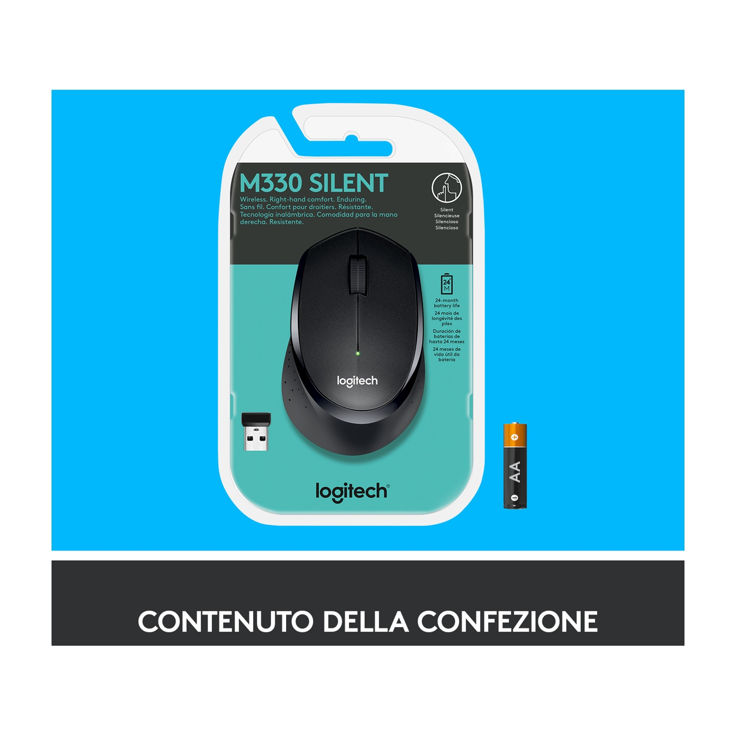 Viene mostrato un mouse wireless Logitech M330 Silent. La confezione mostra il mouse, un ricevitore USB e una batteria.