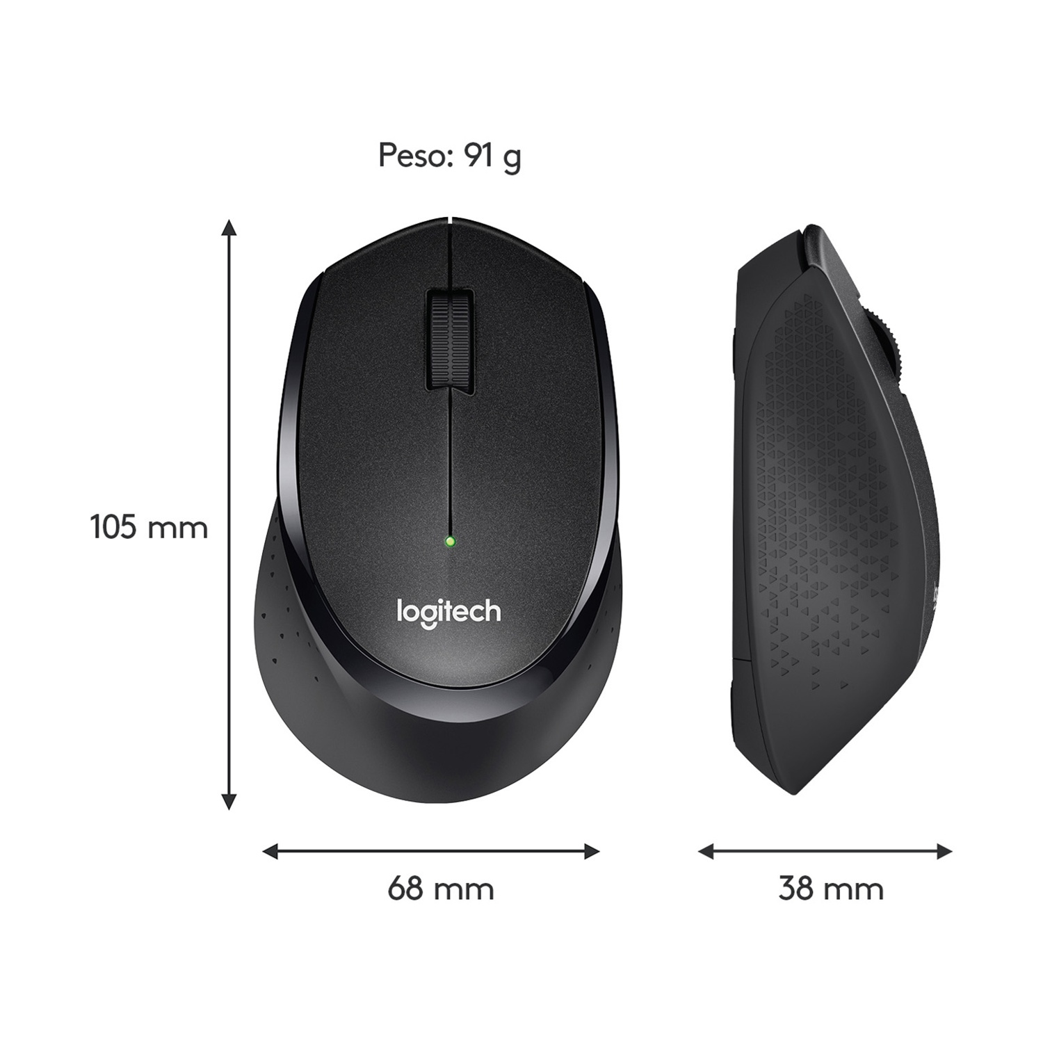 Mouse Logitech nero, con vista dall'alto e laterale con dimensioni: 105 mm, 68 mm e 38 mm. Peso: 91 g.