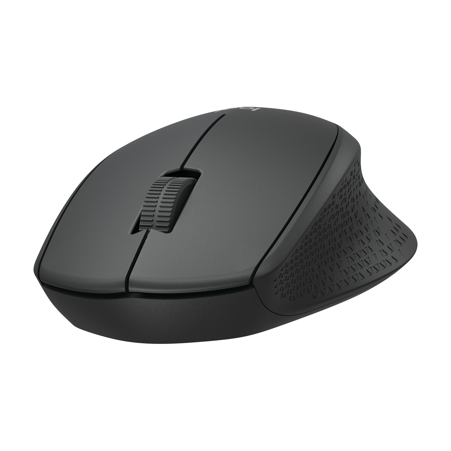 Un mouse per computer grigio. Ha una rotella di scorrimento e due pulsanti. Il mouse è su sfondo bianco.