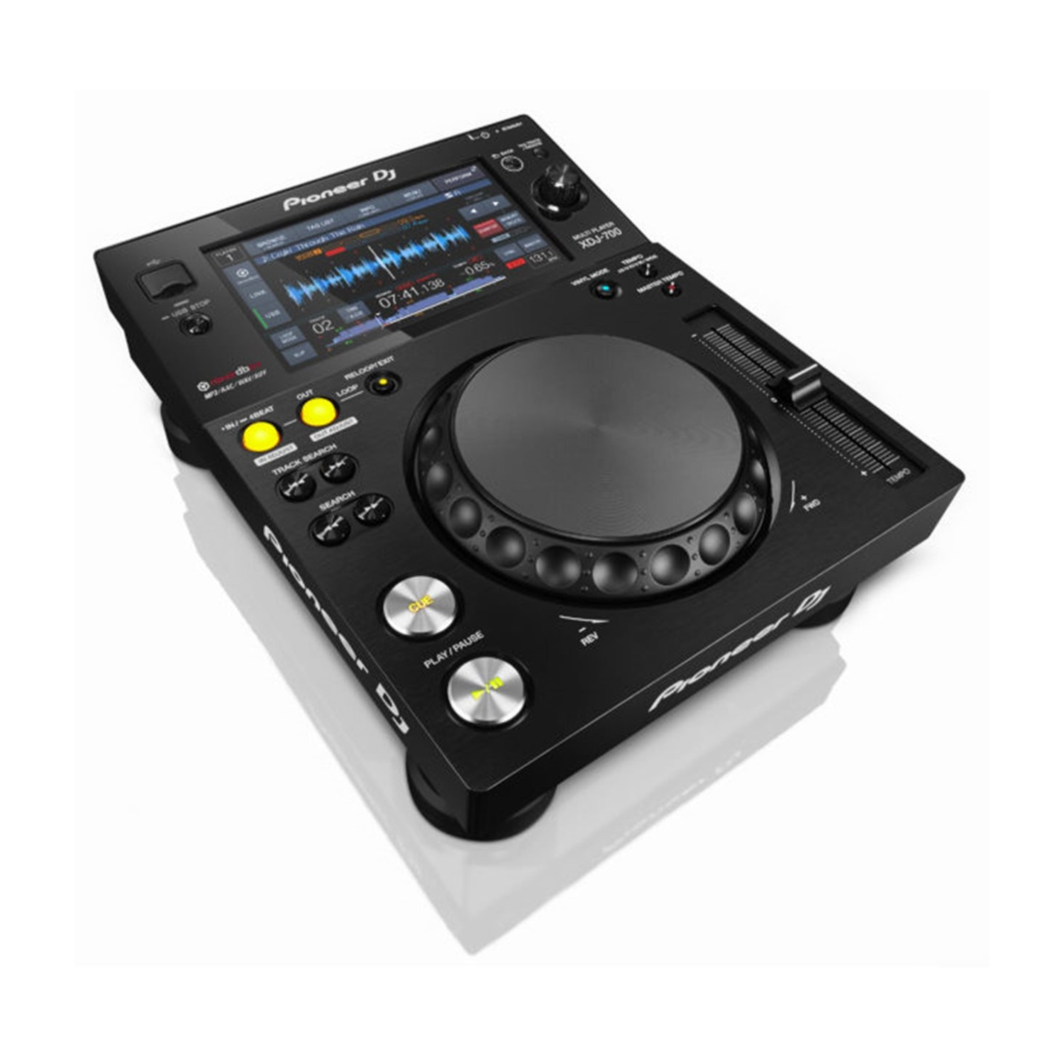 Lettore multimediale Pioneer DJ XDJ-700 nero. Dotato di touchscreen, jog wheel e pulsanti per il controllo traccia, play/pausa e funzioni cue.