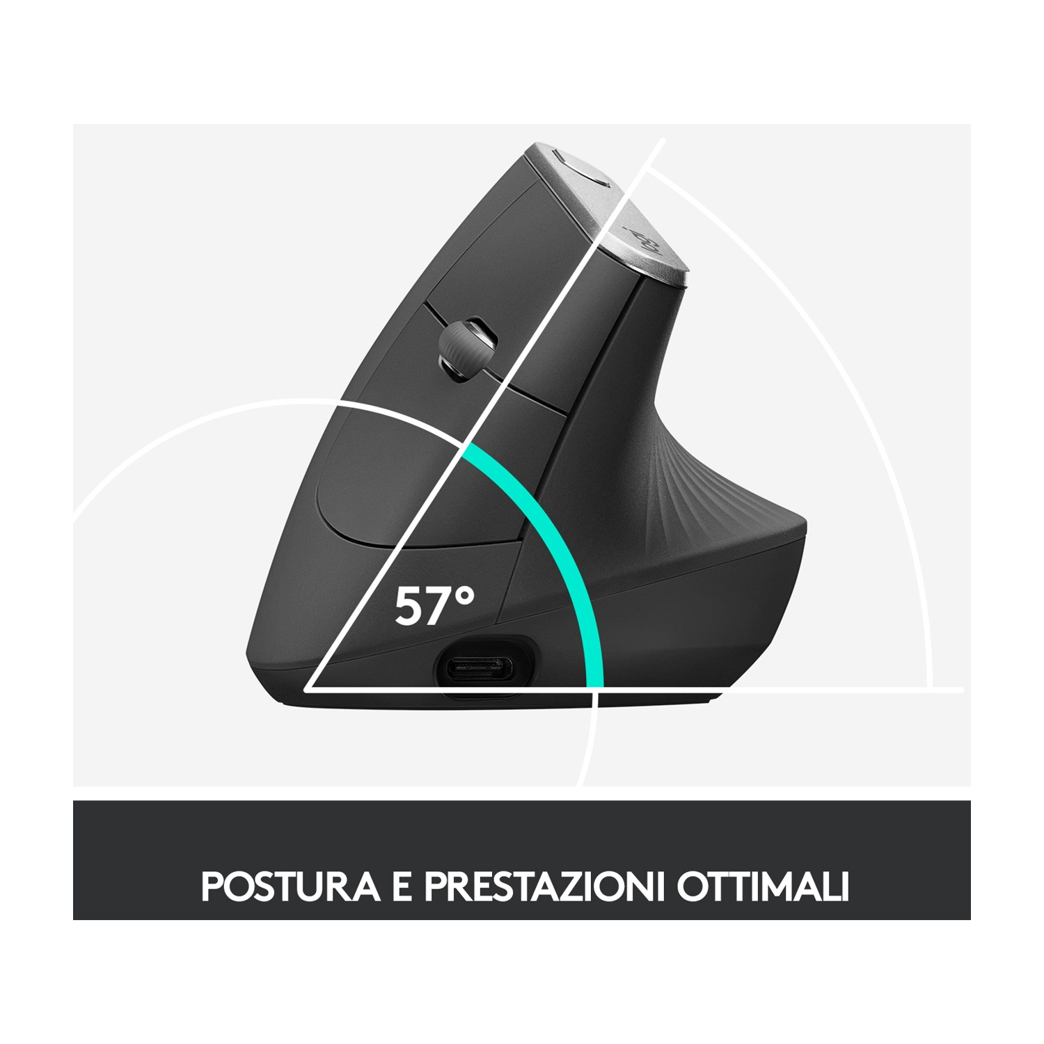 Un mouse ergonomico nero con un angolo di 57 gradi è mostrato. Linee bianche e un arco turchese evidenziano il design.