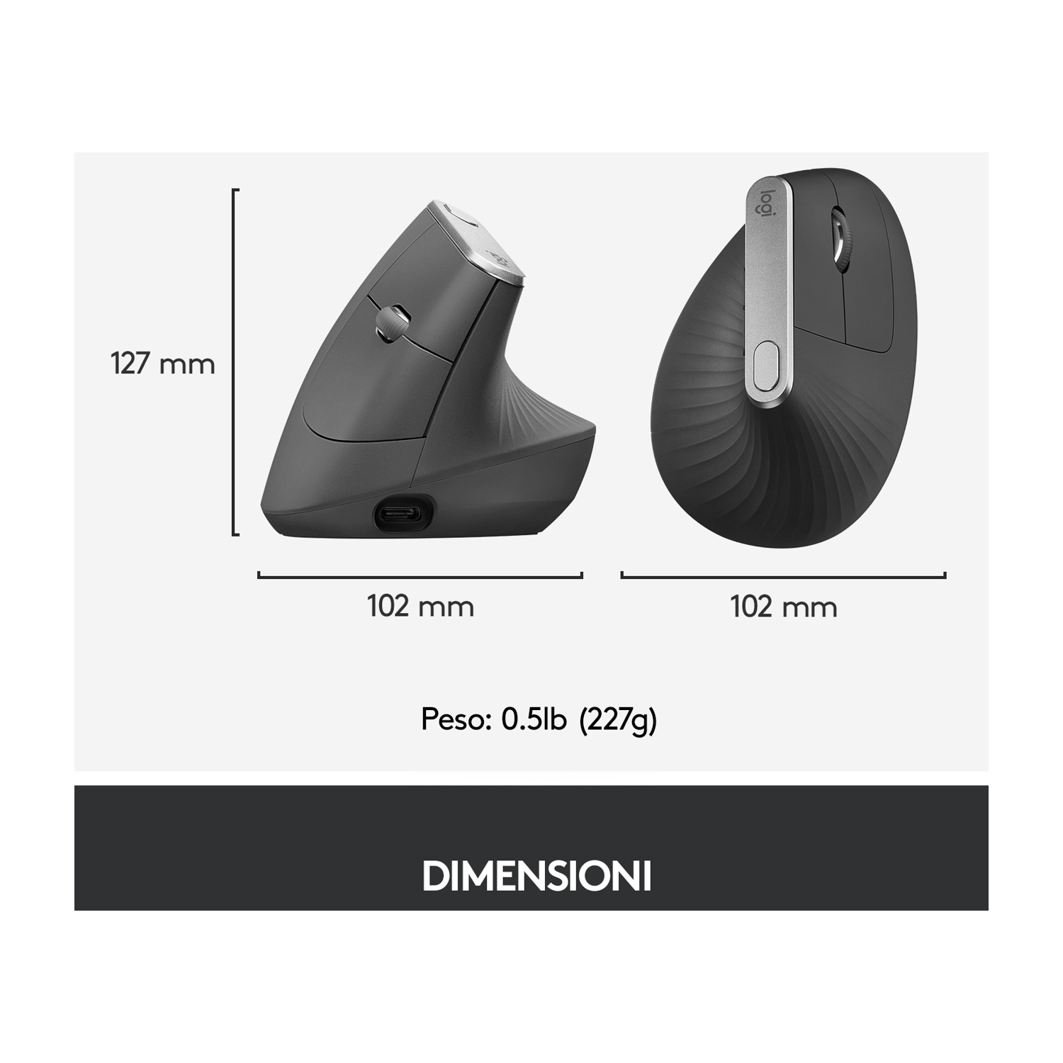 Un mouse ergonomico nero con dimensioni e dettagli sul peso. Mostra viste laterali e superiori. Le dimensioni sono 127 mm x 102 mm e pesa 0,5 lb.