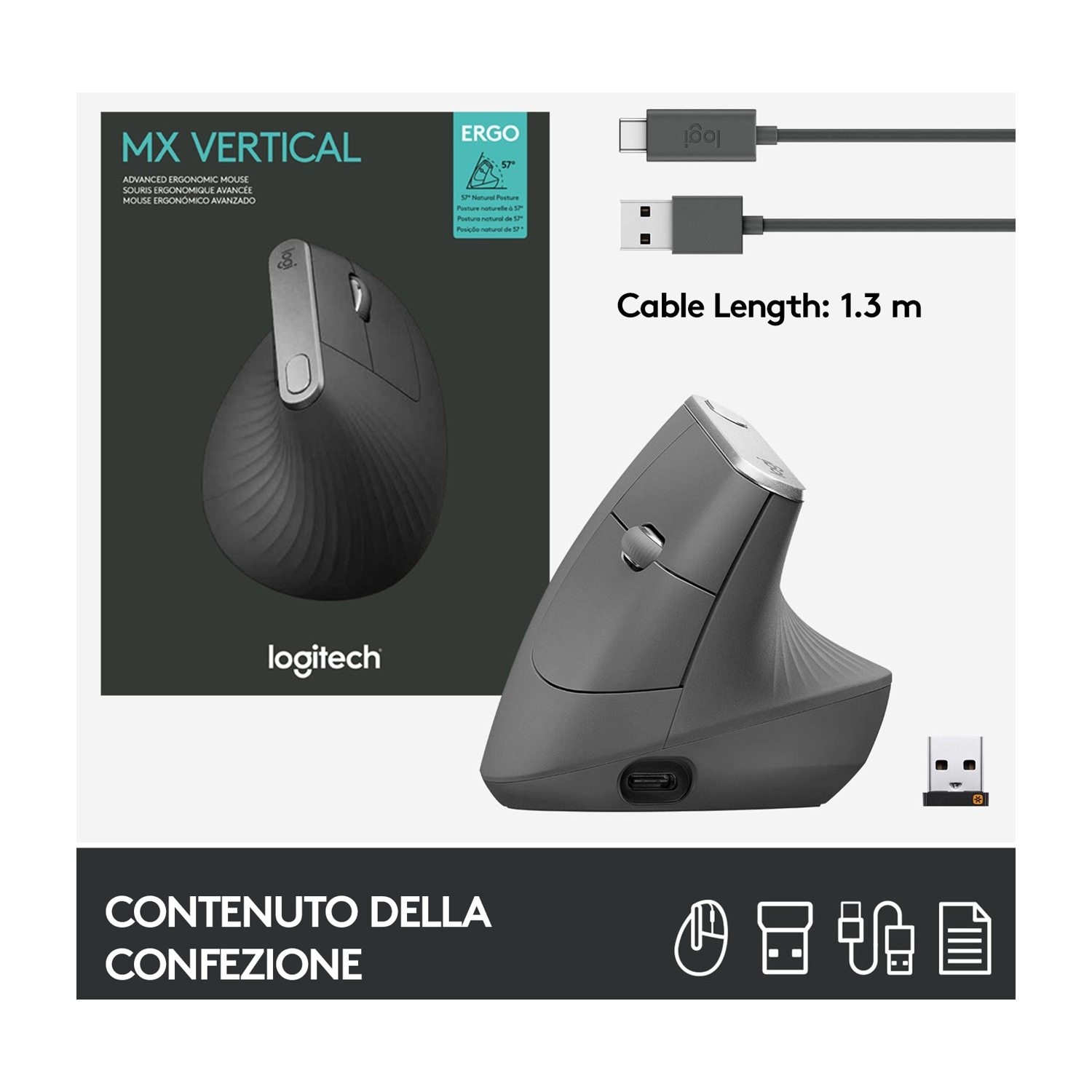 Un mouse ergonomico verticale Logitech, con cavo USB-C e USB. Testo: MX VERTICAL, ERGO. Lunghezza cavo: 1,3 m.