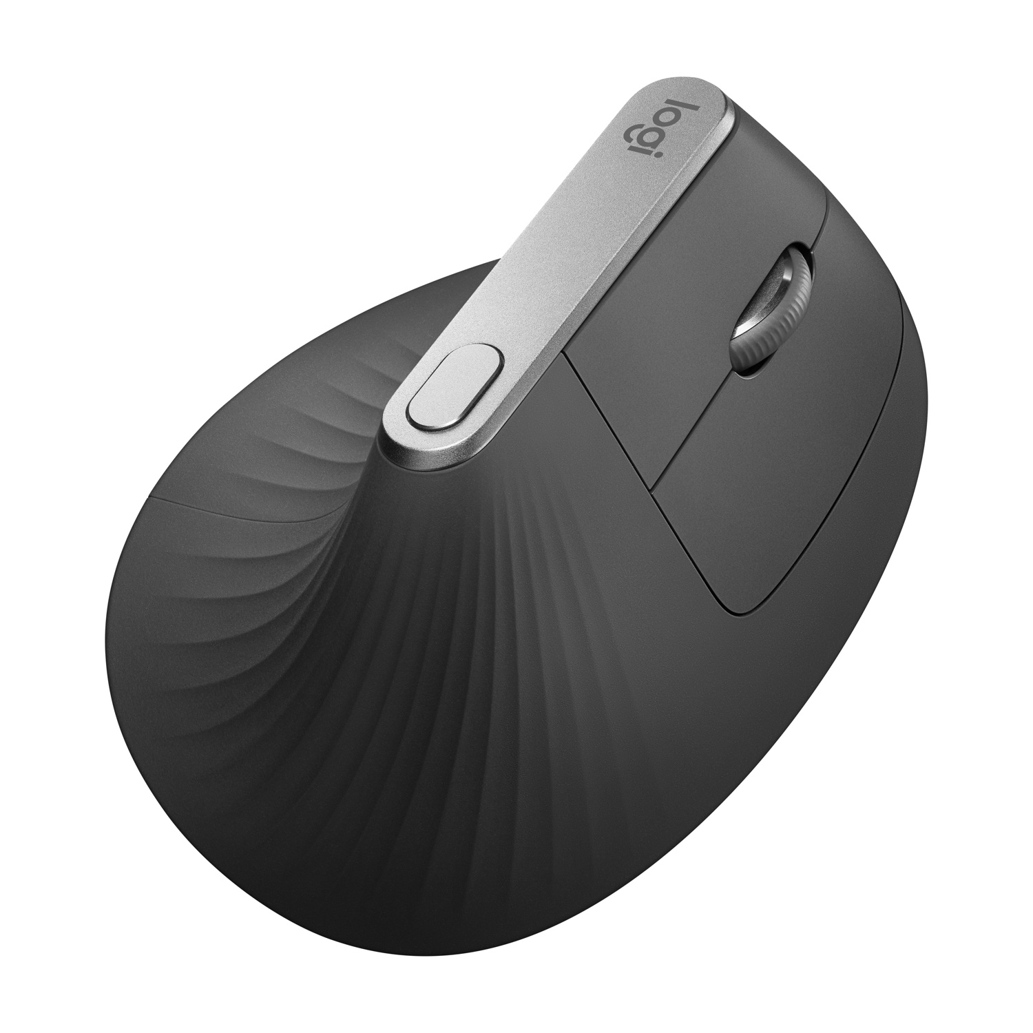 Un mouse ergonomico nero e grigio. Ha una rotella di scorrimento, pulsanti e un design curvo per un uso confortevole.