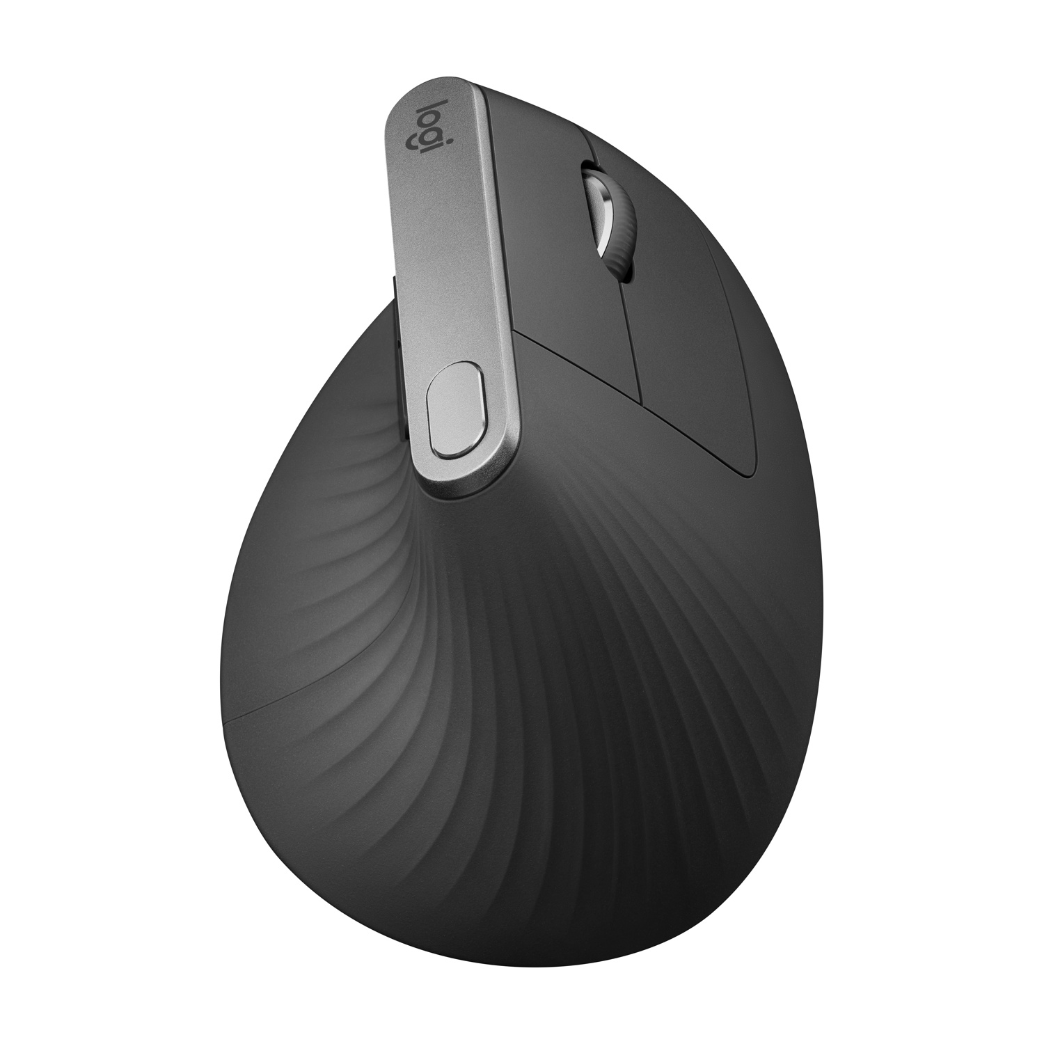 Un mouse ergonomico nero, con un accento argentato sul lato e il logo Logitech in alto.