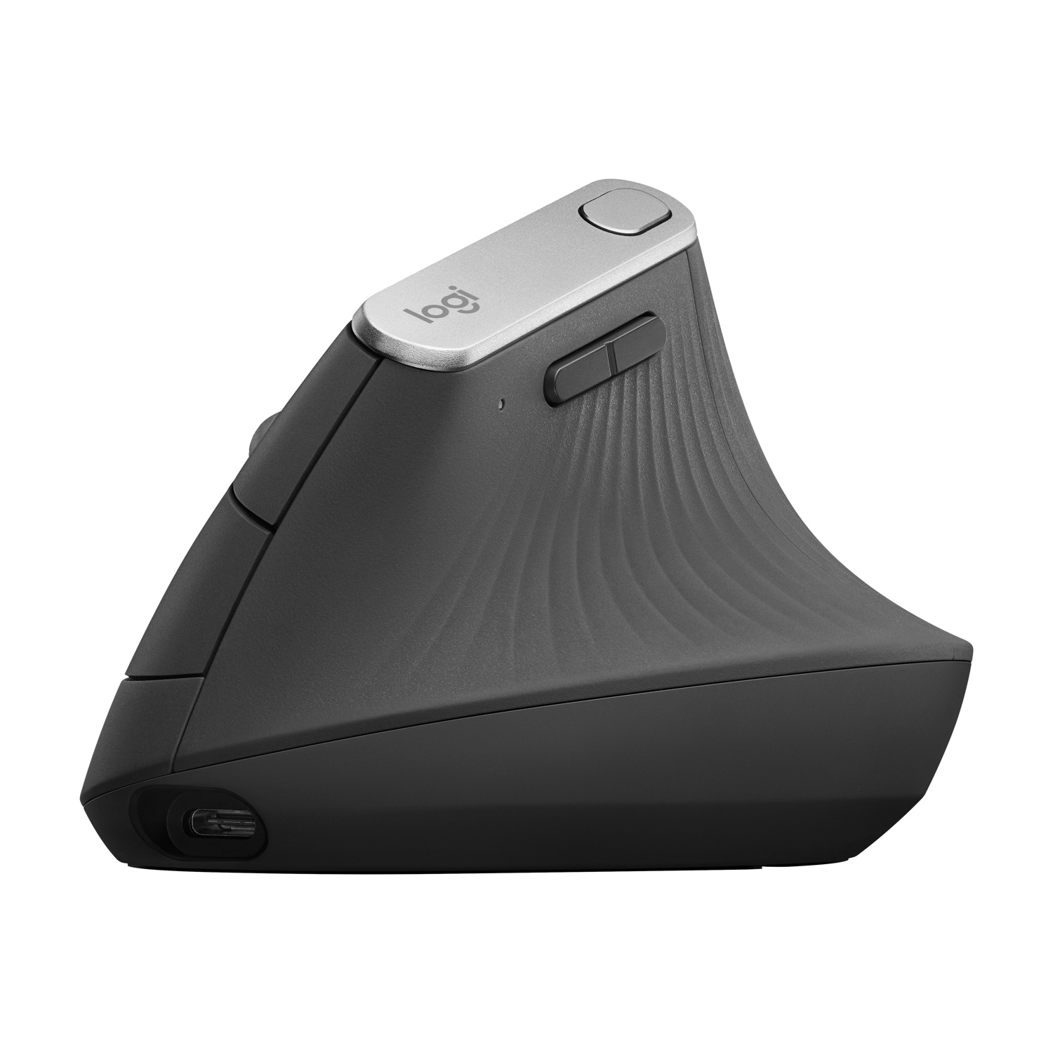 Un mouse ergonomico verticale. È nero con dettagli argentati. Il logo Logitech è visibile.