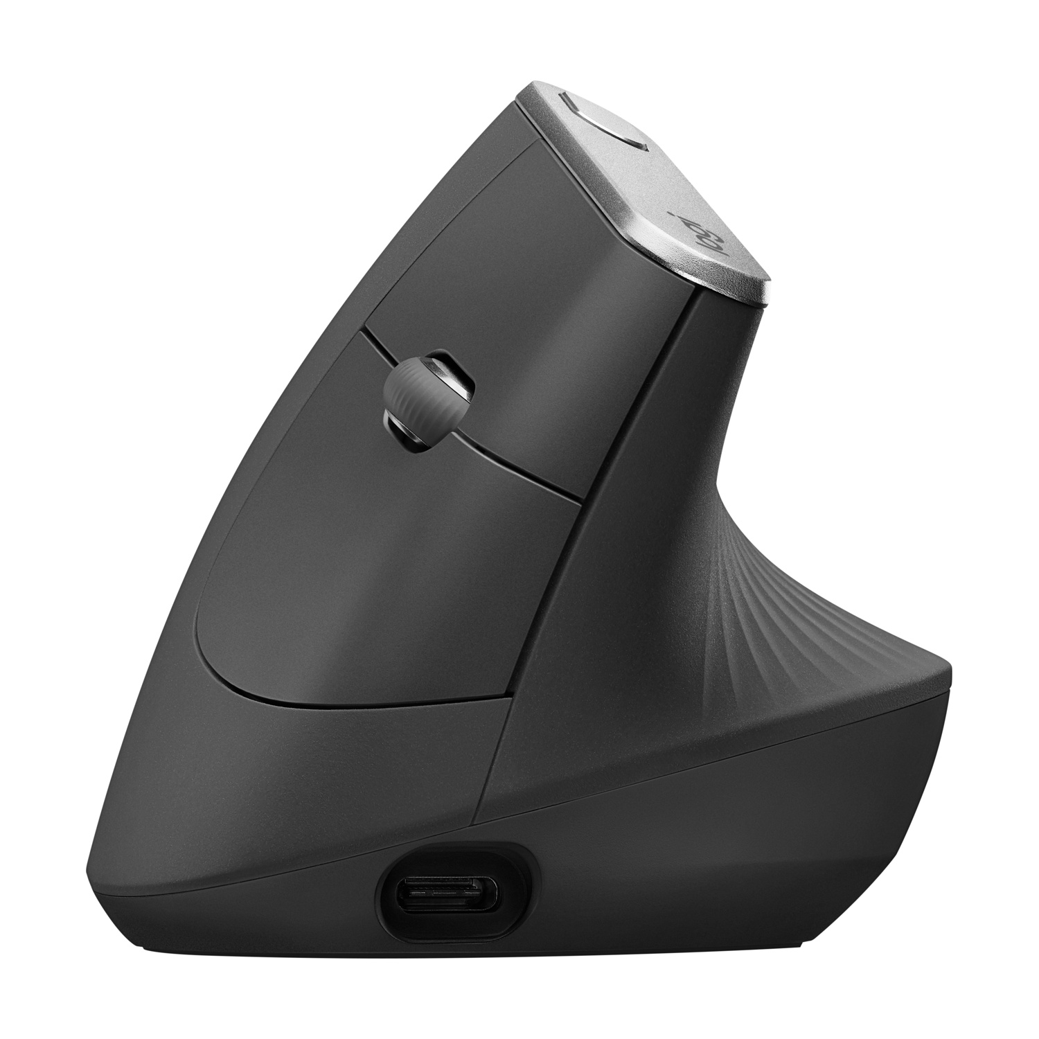 Un mouse ergonomico nero. Ha un design verticale con una rotella, pulsanti e una porta USB-C.