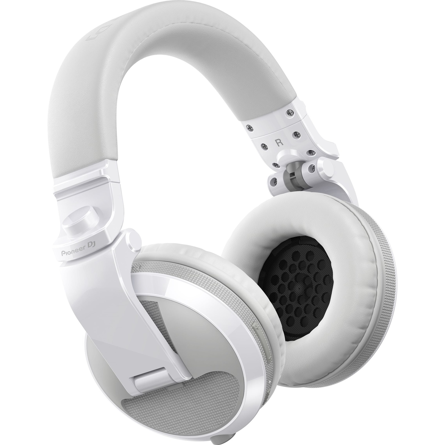 Cuffie Pioneer DJ bianche su sfondo bianco. Le cuffie hanno cuscinetti morbidi e archetto, con 'Pioneer DJ' visibile.