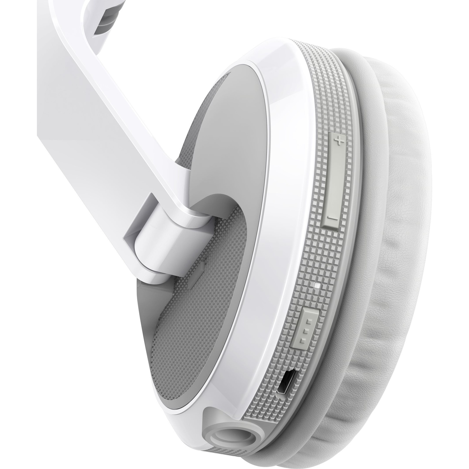 Cuffie bianche e grigie con pannello di controllo del volume e porta USB. Lo sfondo è bianco.
