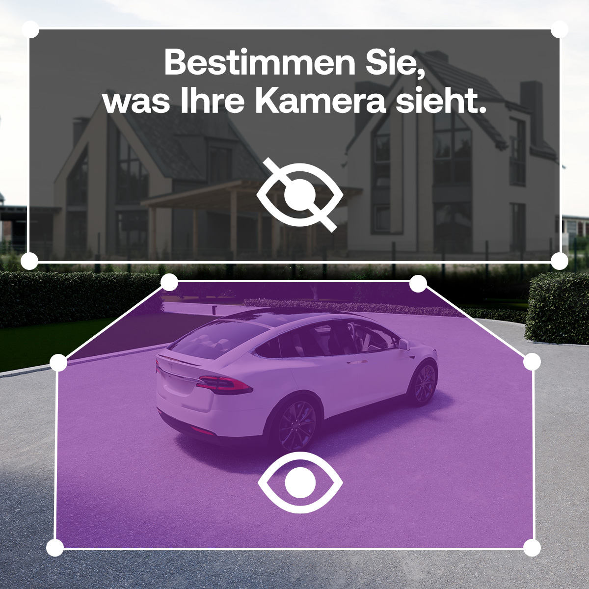 Ein weißes Auto auf einer Einfahrt, mit einem Haus im Hintergrund und dem Text 'Bestimmen Sie, was Ihre Kamera sieht'.