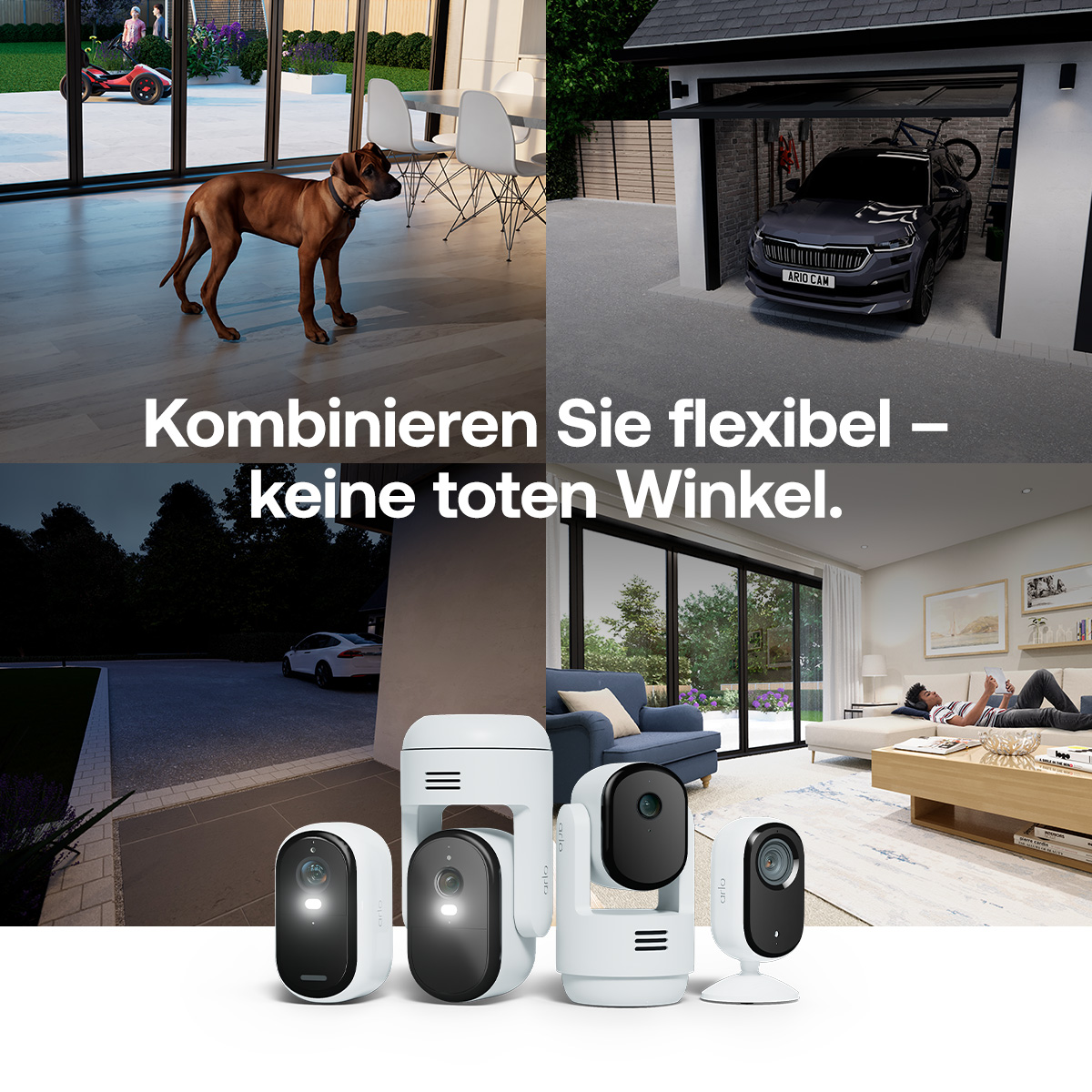 Das Bild zeigt einen Hund, ein Auto in einer Garage und Überwachungskameras. Der Text lautet: "Flexibel kombinieren - keine toten Winkel."