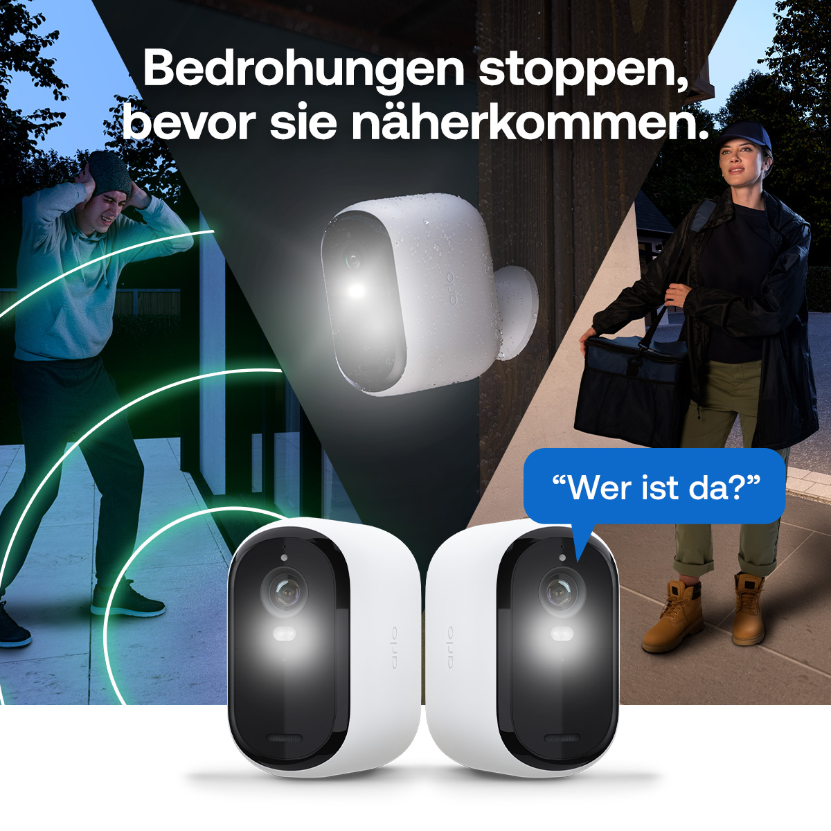 Ein Bild zeigt Überwachungskameras, eine Person, die auf die Kamera reagiert, und eine andere Person, die eine Tasche hält. Der Text lautet 'Wer ist da?'.