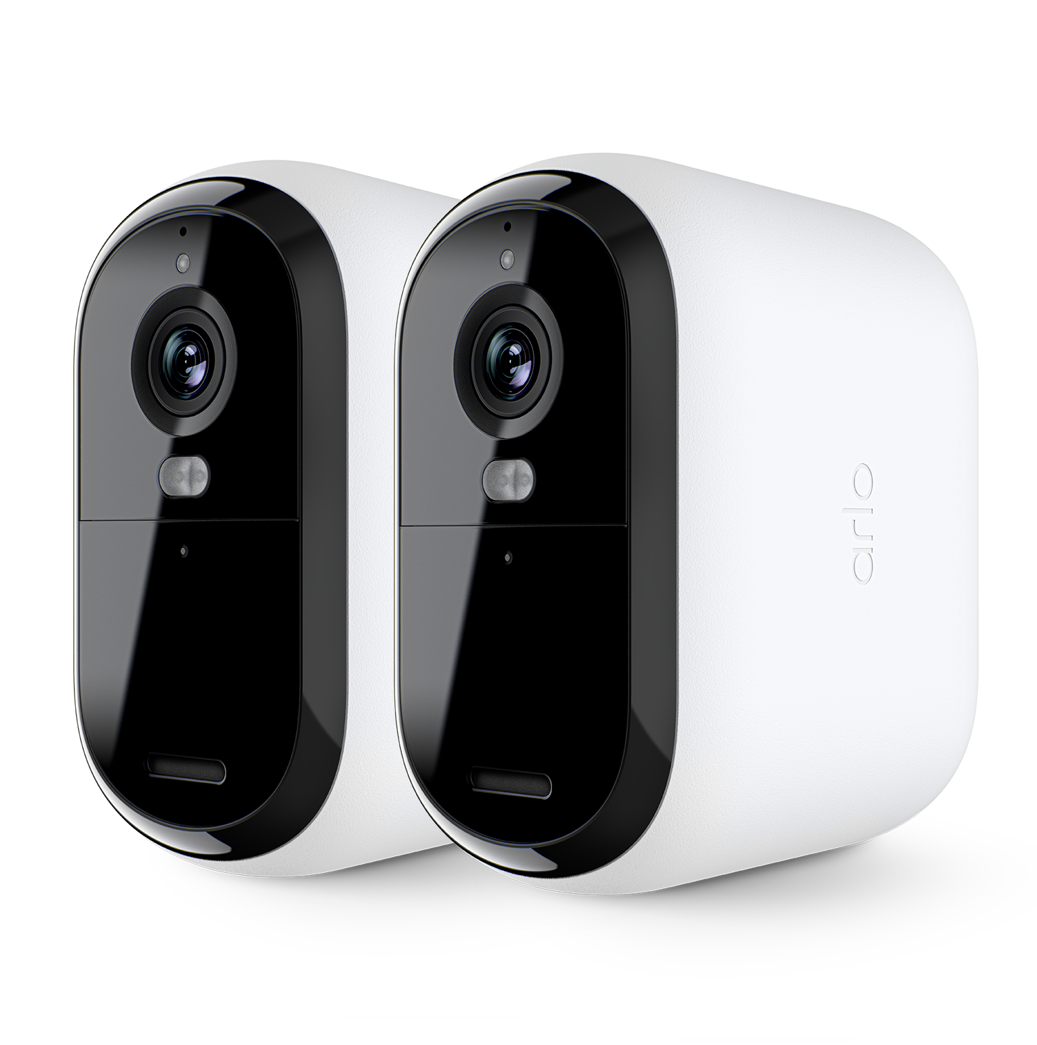 Zwei weiße Arlo-Sicherheitskameras. Jede hat eine schwarze Front mit Linse, kleinem Knopf und weißem Gehäuse. Das Logo 'arlo' ist sichtbar.