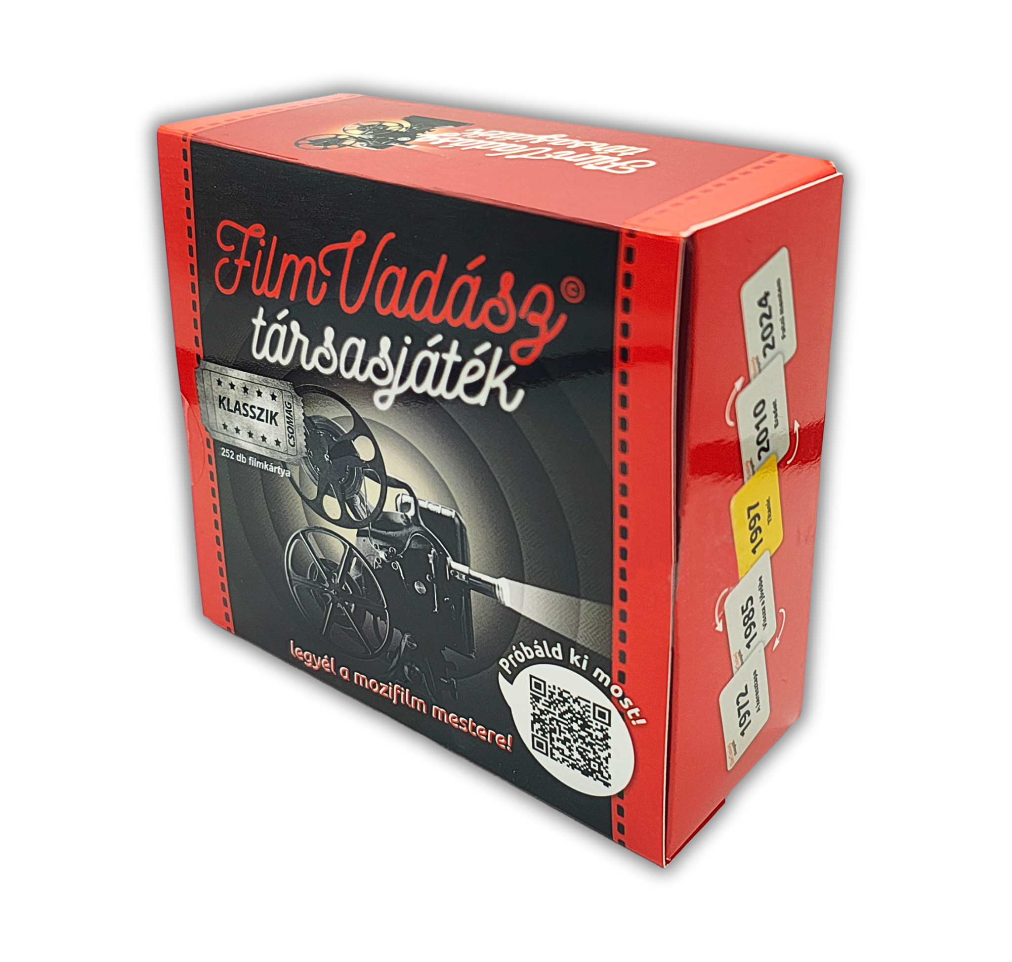 Egy játéktábla, a 'Film Vadász társasjáték' felirattal. Filmhez kapcsolódó képek és dátumok vannak rajta.