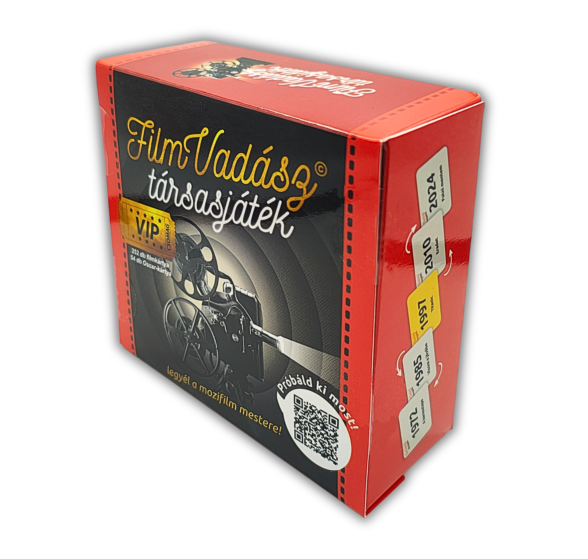 A 'Film Vadász társasjáték' doboza, filmes orsó grafikával és évszám címkékkel.