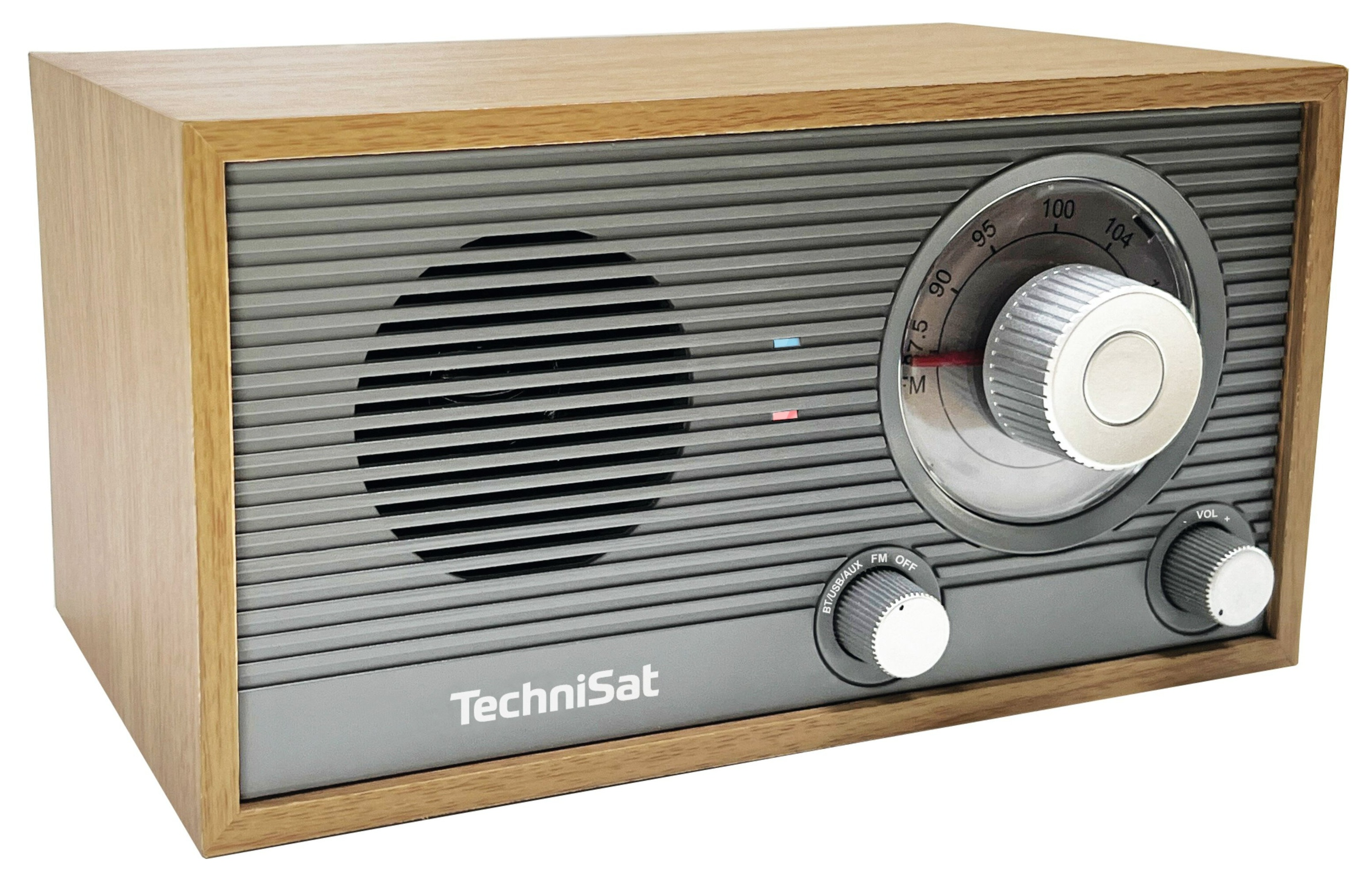 Drewniane radio z szarym przodem, głośnikiem i pokrętłem strojenia. Z logo TechniSat.