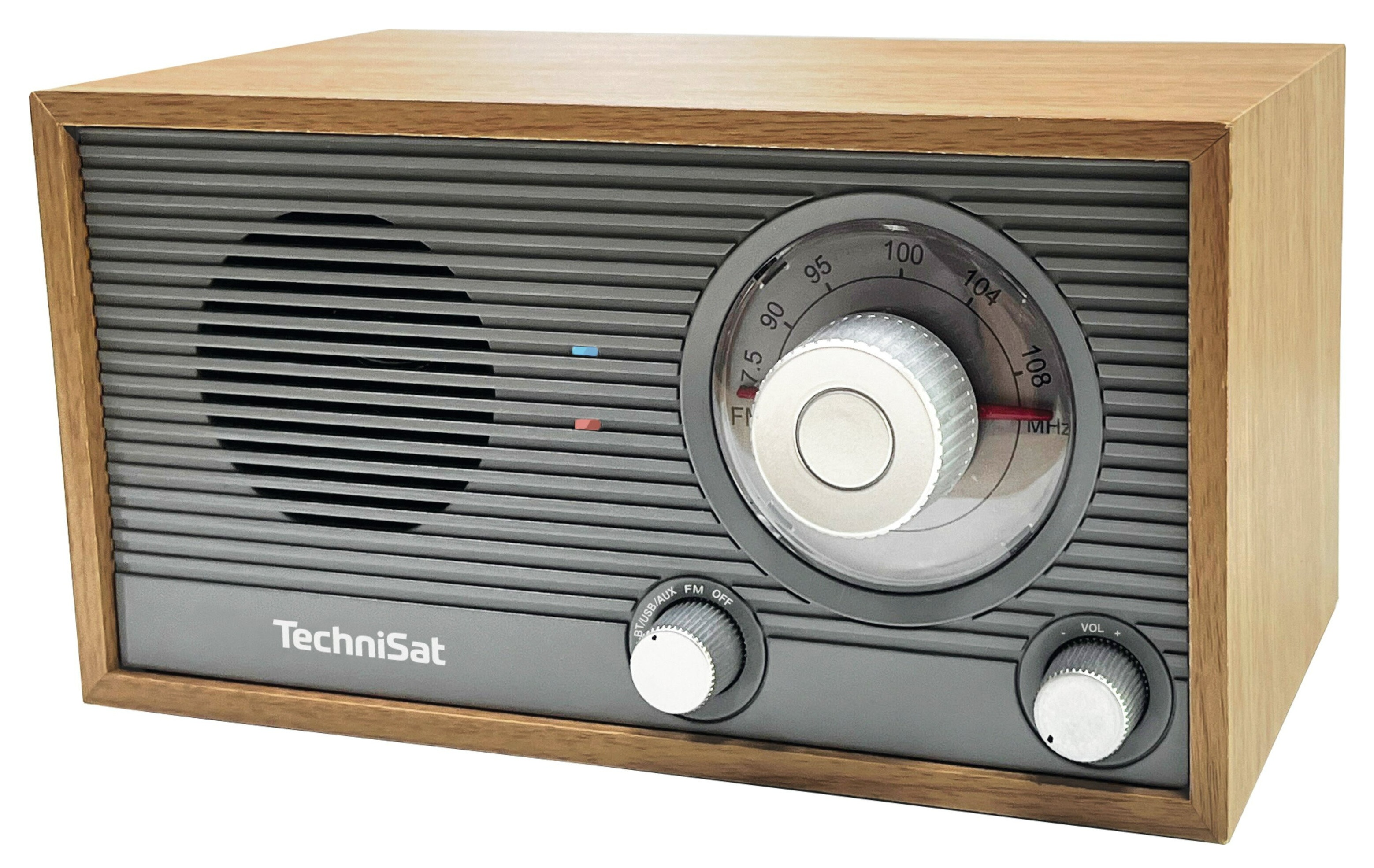 Drewniane radio z szarym panelem przednim, pokrętłem strojenia i pokrętłami. Marka to TechniSat.