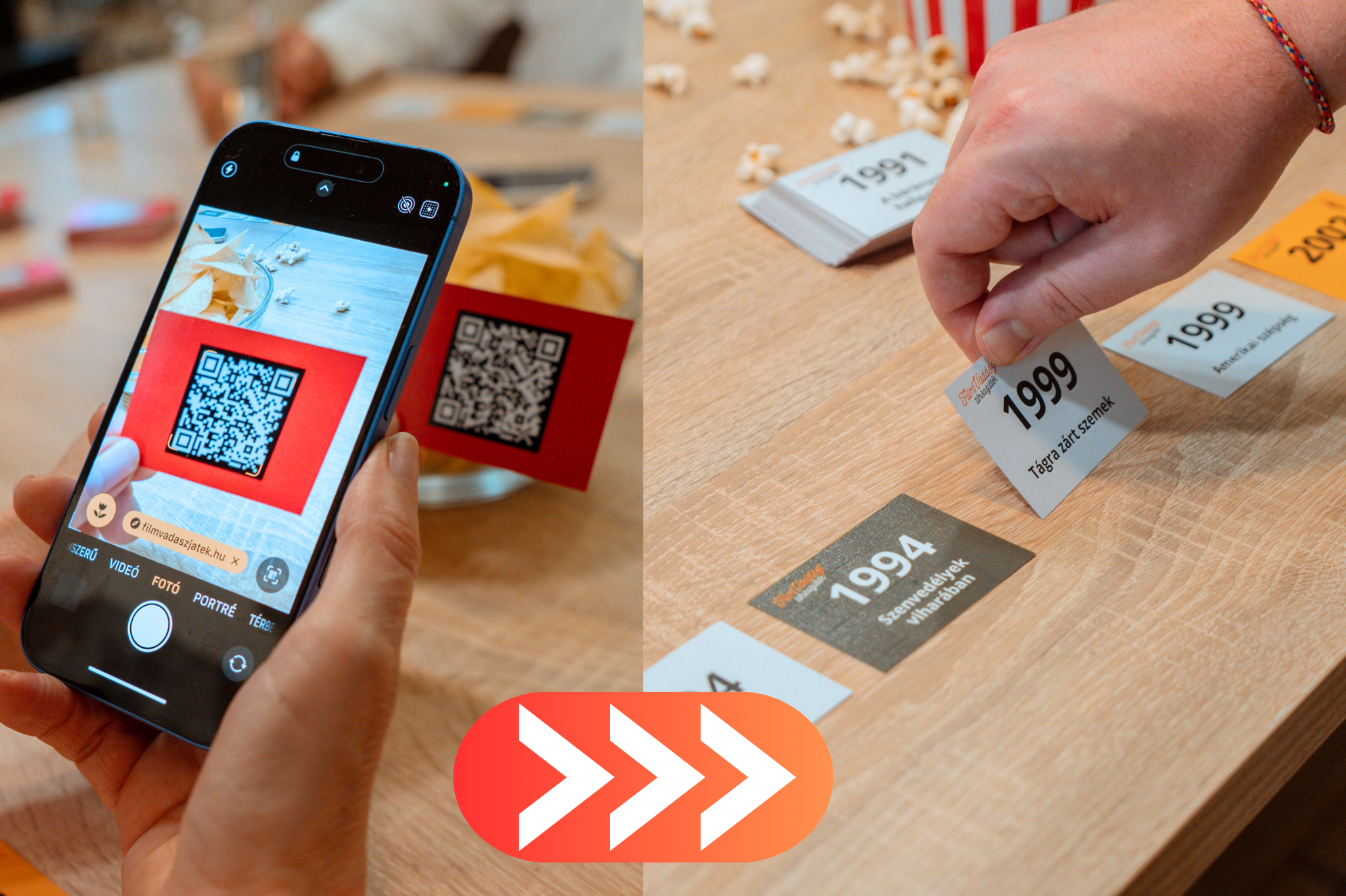 Egy személy QR-kódot szkennel telefonnal, dátumokkal és szövegekkel ellátott kártyákat az asztalon, pattogatott kukoricát és pattogatott kukorica tartót.