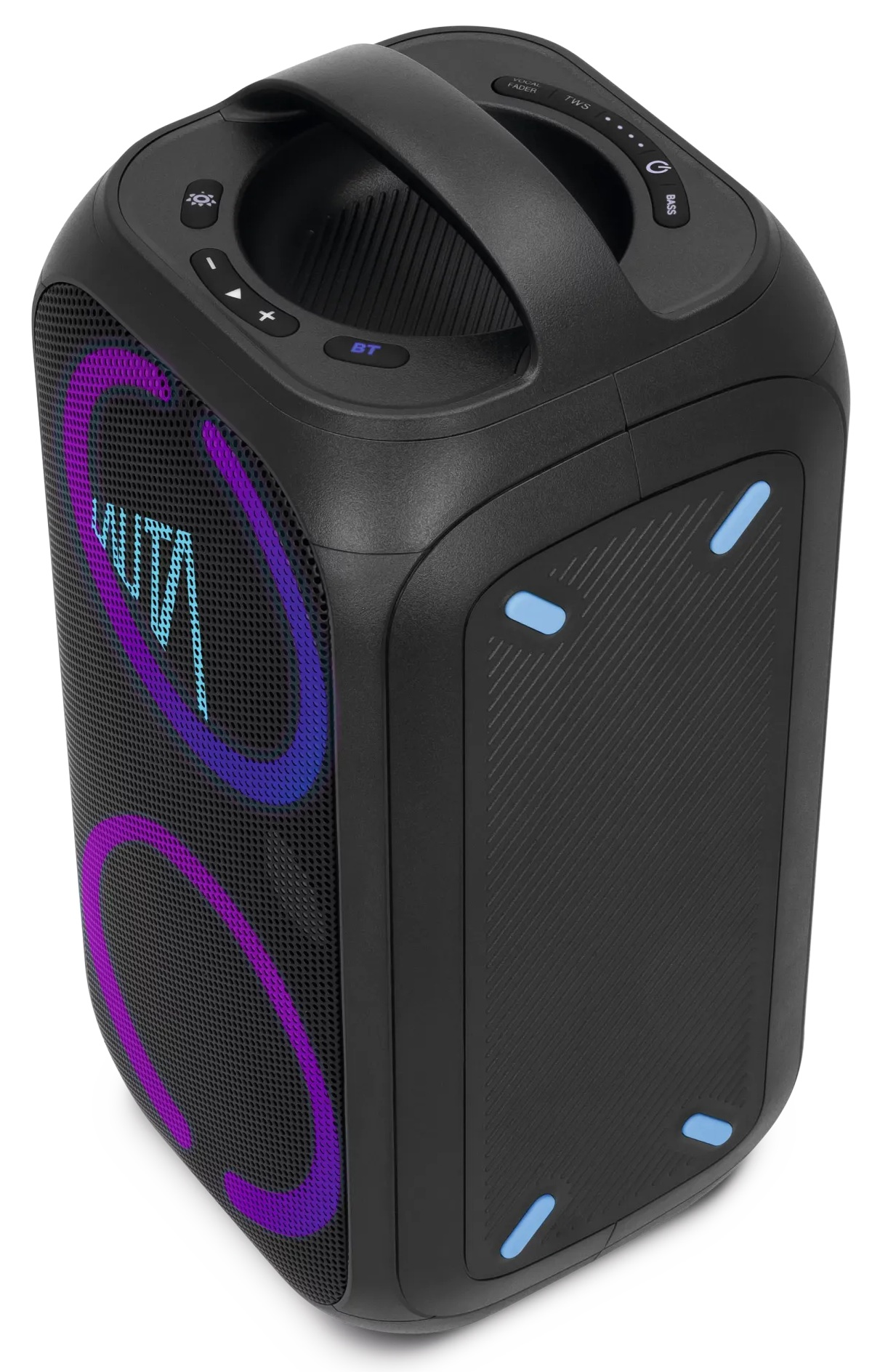 Czarny głośnik z uchwytem. Fioletowe i niebieskie światła. Przyciski sterowania na górze i z boku. Niebieskie akcenty po bokach.