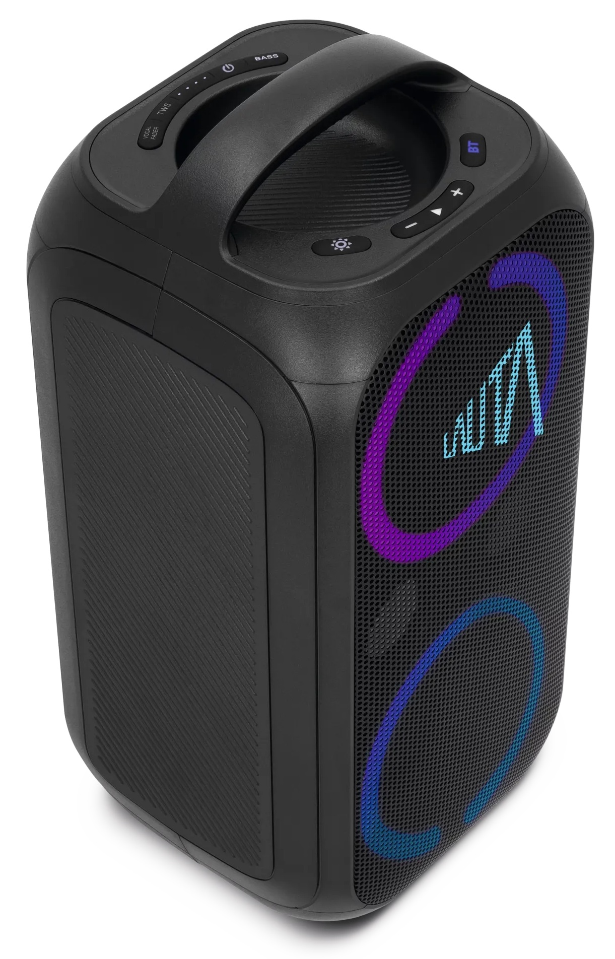 Czarny głośnik przenośny z uchwytem, przyciskami sterowania i przednią kratką z niebiesko-fioletowym podświetleniem.