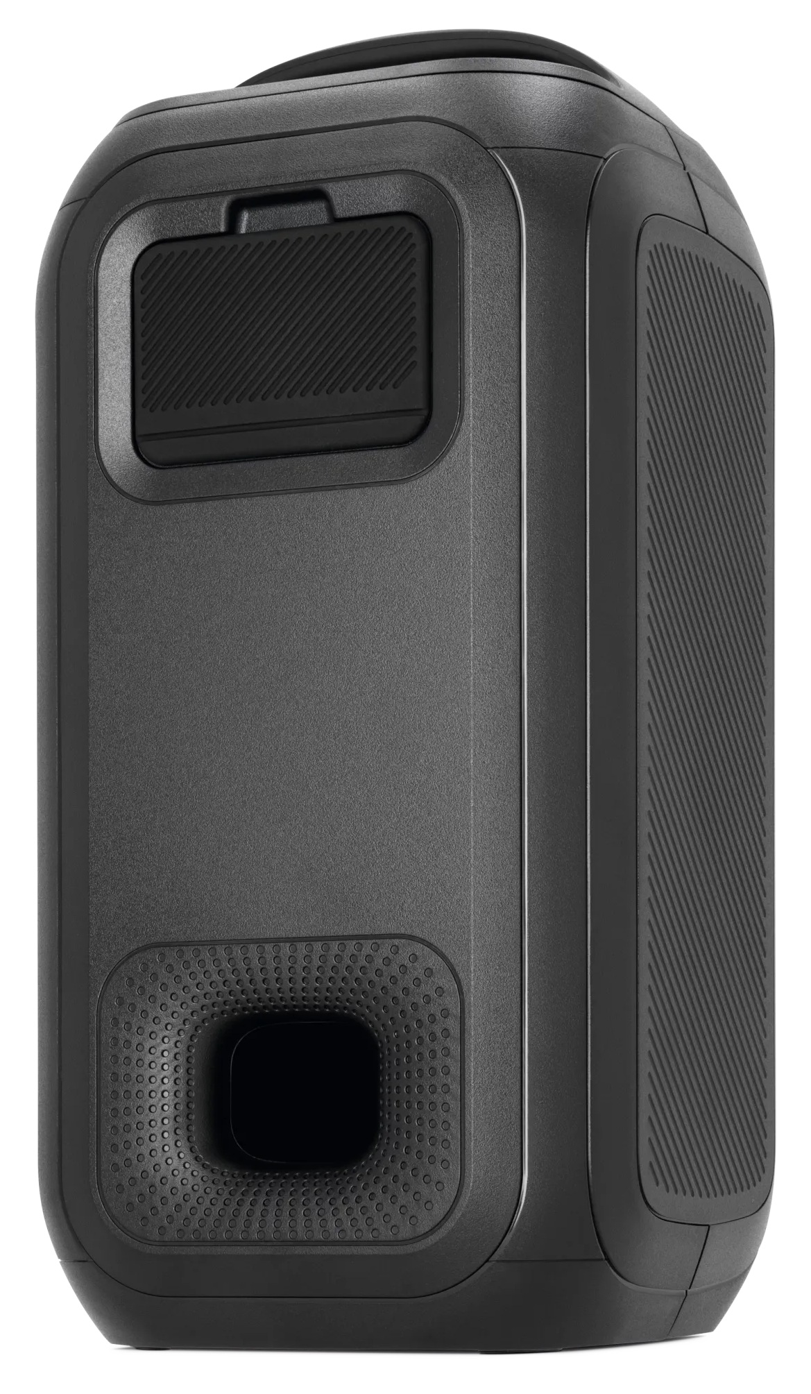 Czarny, prostokątny głośnik z uchwytem na górze. Posiada port głośnikowy i panel sterowania.