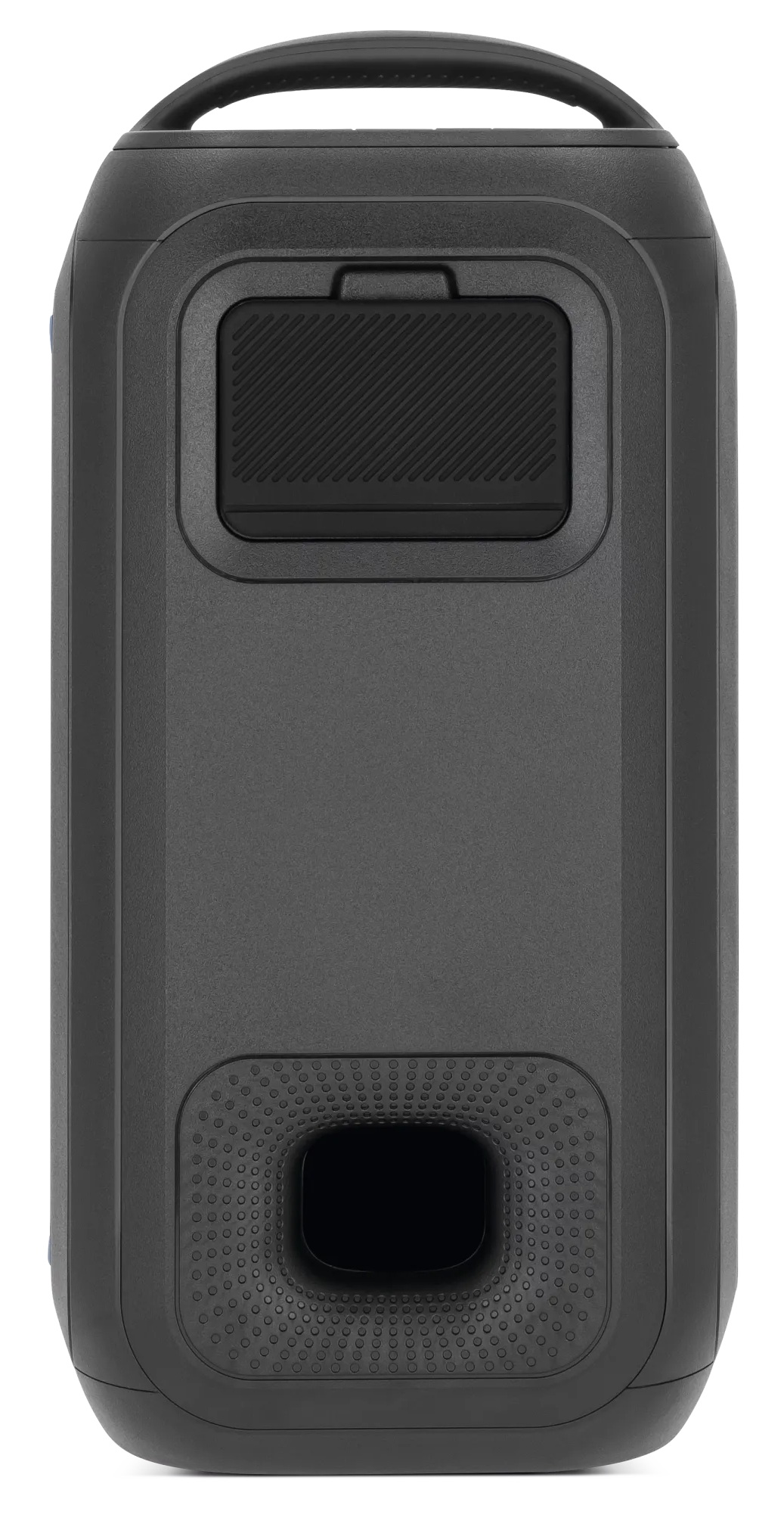 Czarny głośnik przenośny. Ma uchwyt na górze i kratkę głośnika na dole. Przód ma wklęsły panel sterowania.