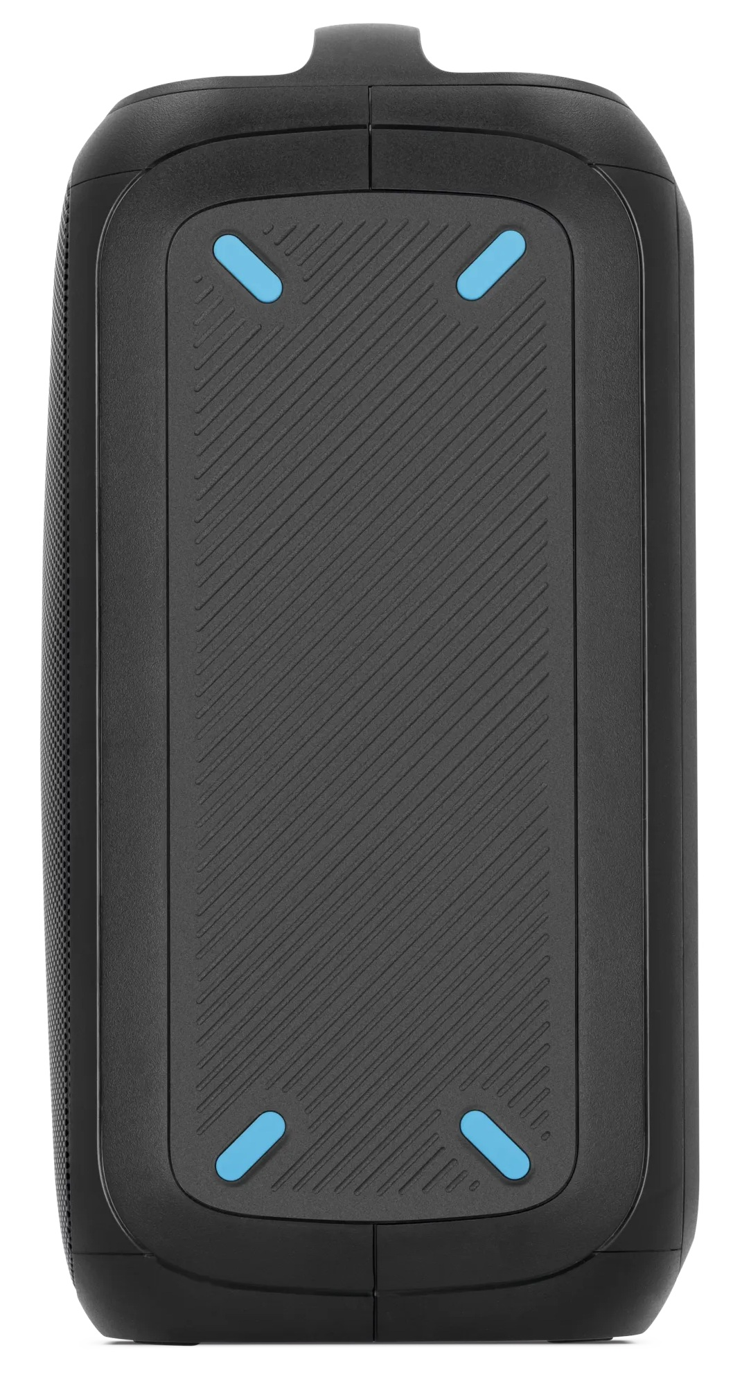 Czarny głośnik z teksturowaną powierzchnią i czterema niebieskimi akcentami. Ma uchwyt na górze i siatkową stronę.