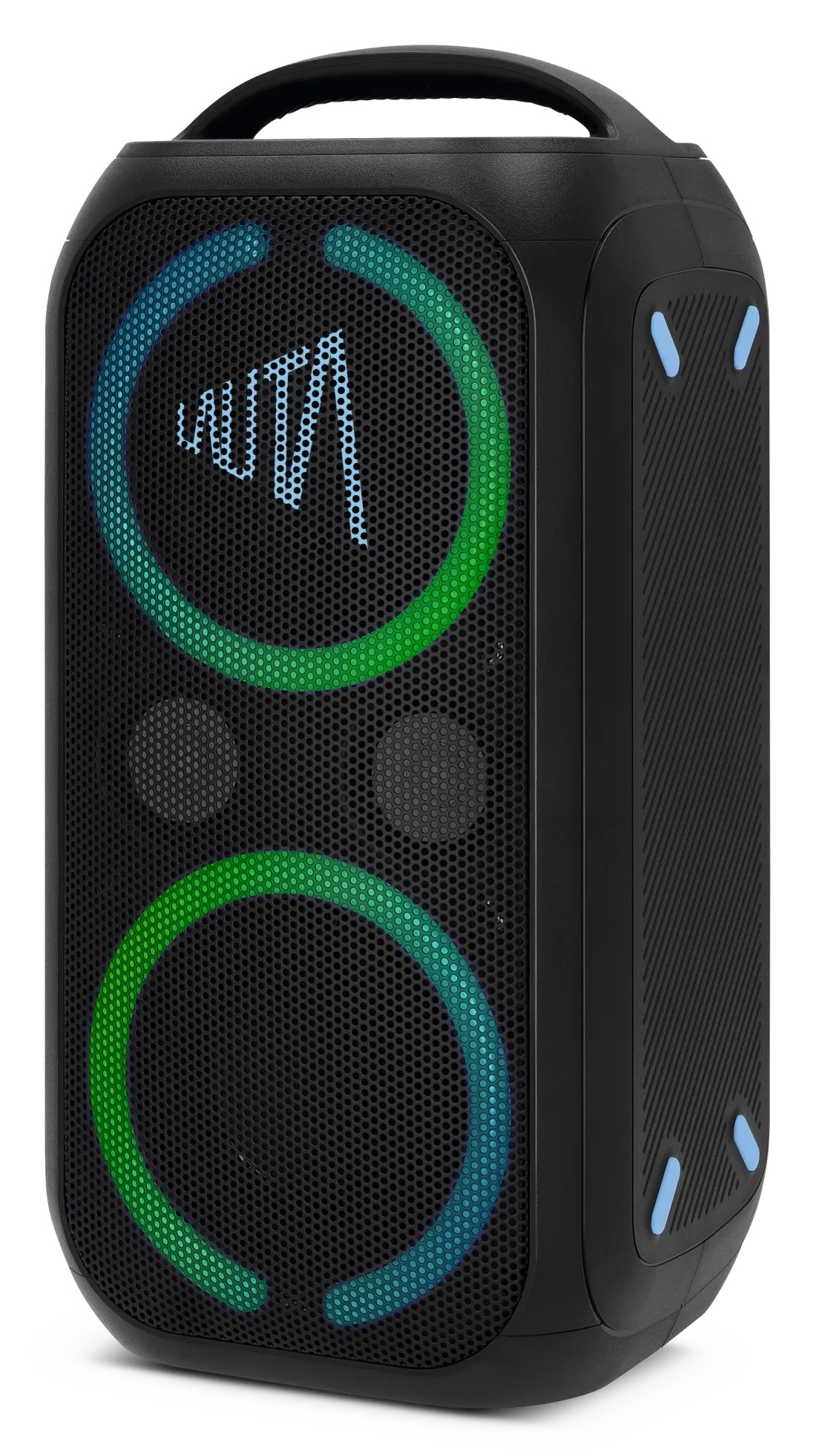 Czarny głośnik z zielonymi i niebieskimi świecącymi pierścieniami. Głośnik ma napis 'WUTA' z przodu.