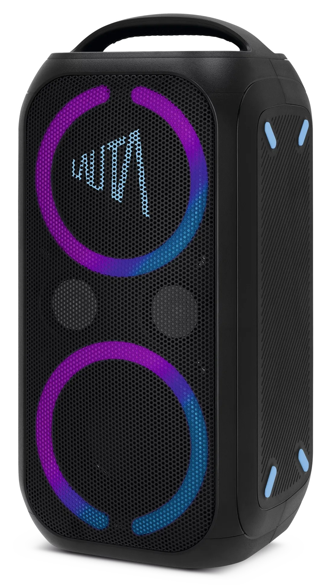 Czarny głośnik z siatkowym przodem. Okrągłe akcenty świetlne w kolorze fioletowym i niebieskim. Uchwyt na górze.