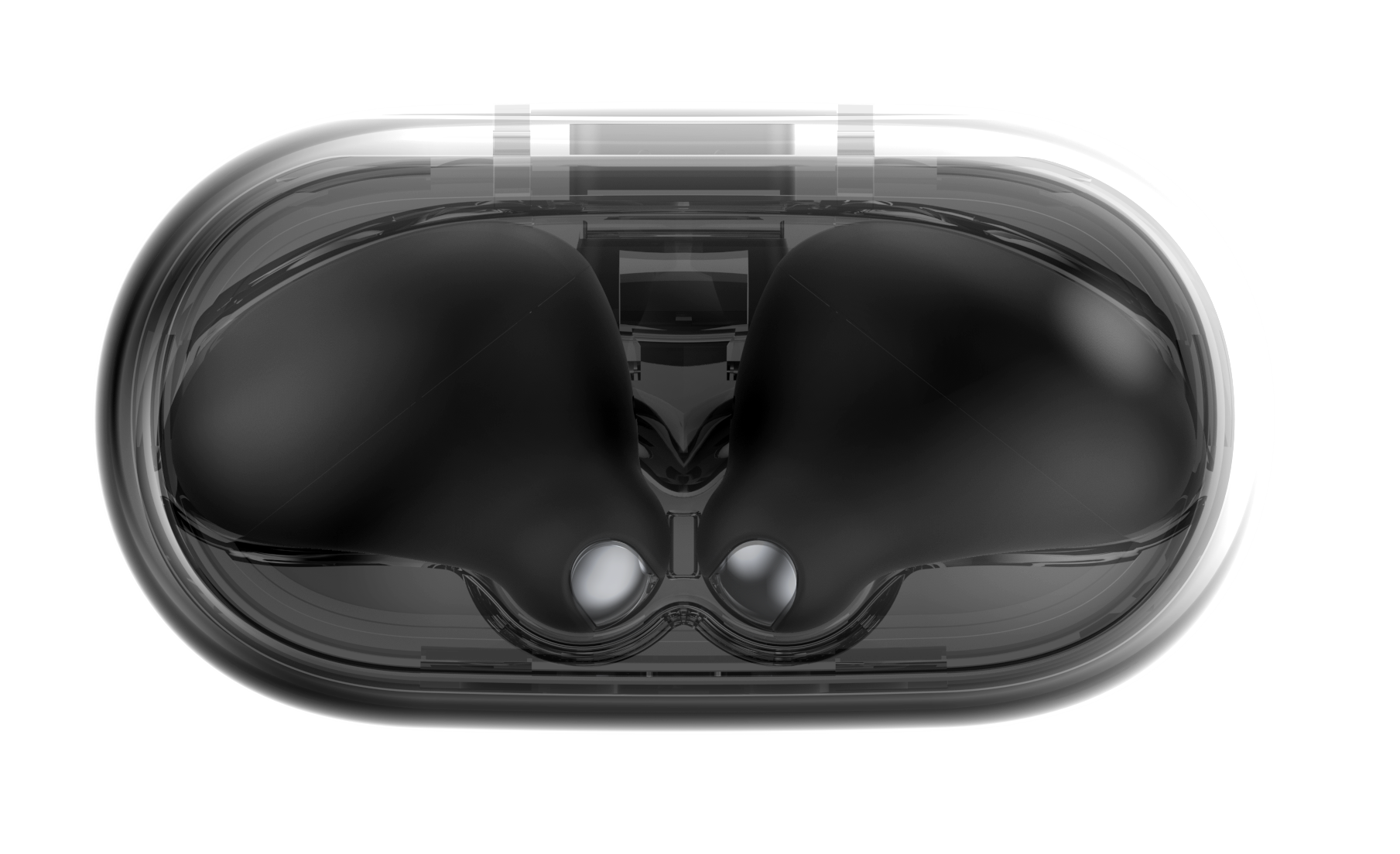 Przezroczyste, owalne etui. Wewnątrz czarne elementy słuchawek. Dwa srebrne okręgi na dole pośrodku.