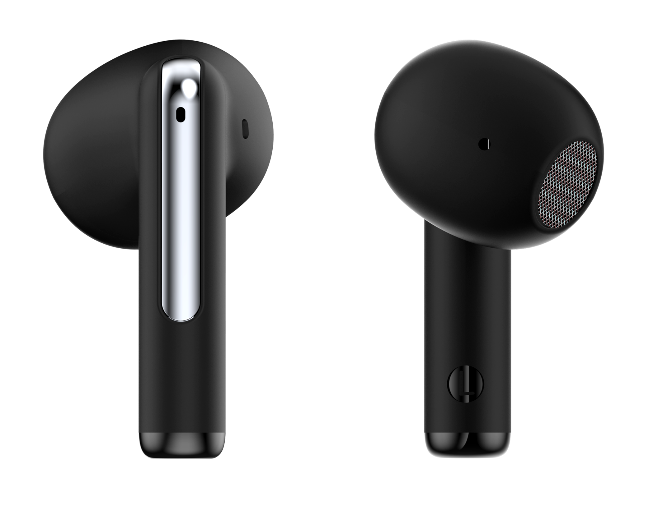 Dwa czarne bezprzewodowe słuchawki. Jeden pokazuje srebrny pasek, a drugi kratkę głośnika. Czarne tło.