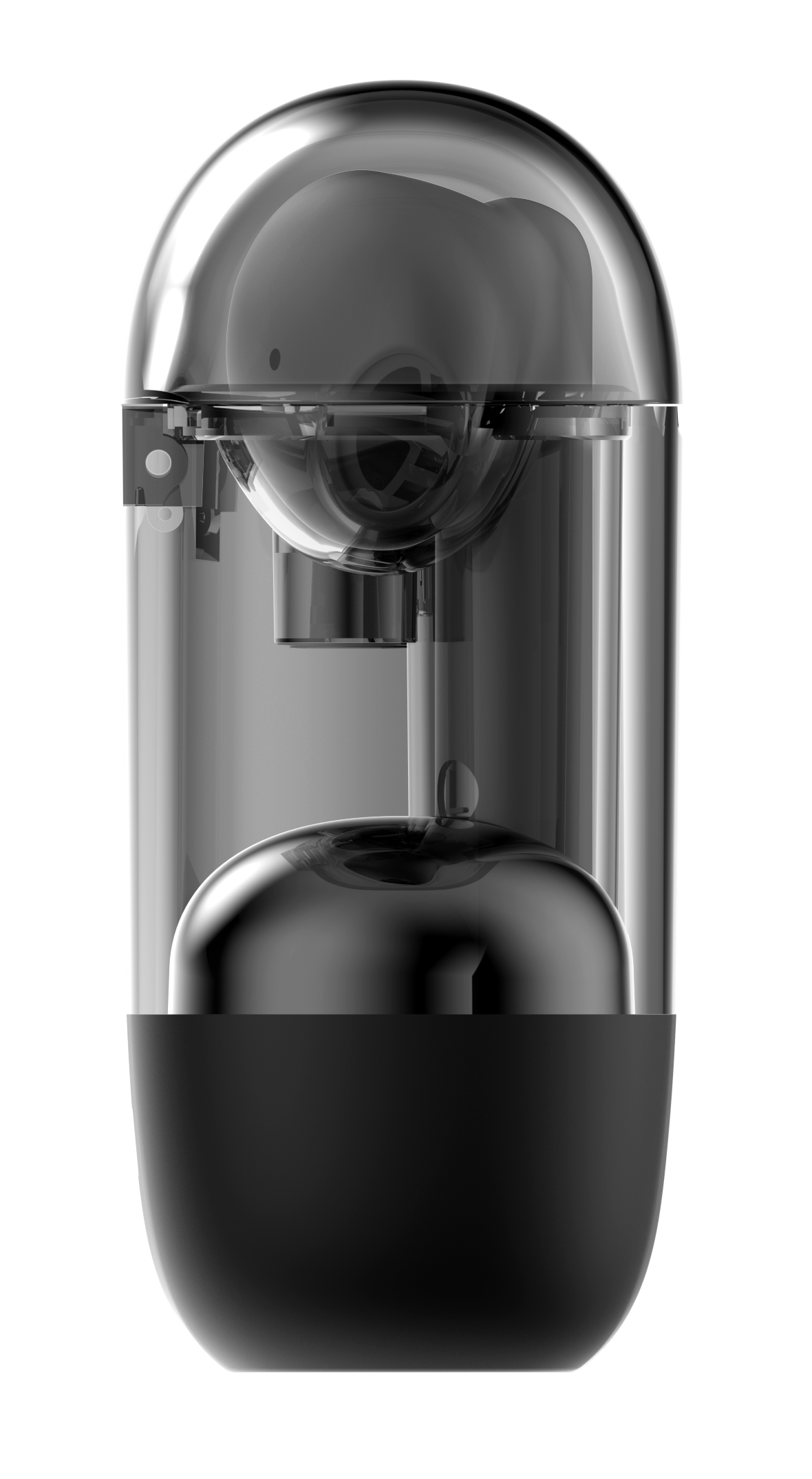 Przezroczyste, futurystyczne urządzenie z czarną podstawą. Wewnątrz widoczna kula i cylindryczna struktura, wszystko na czarnym tle.