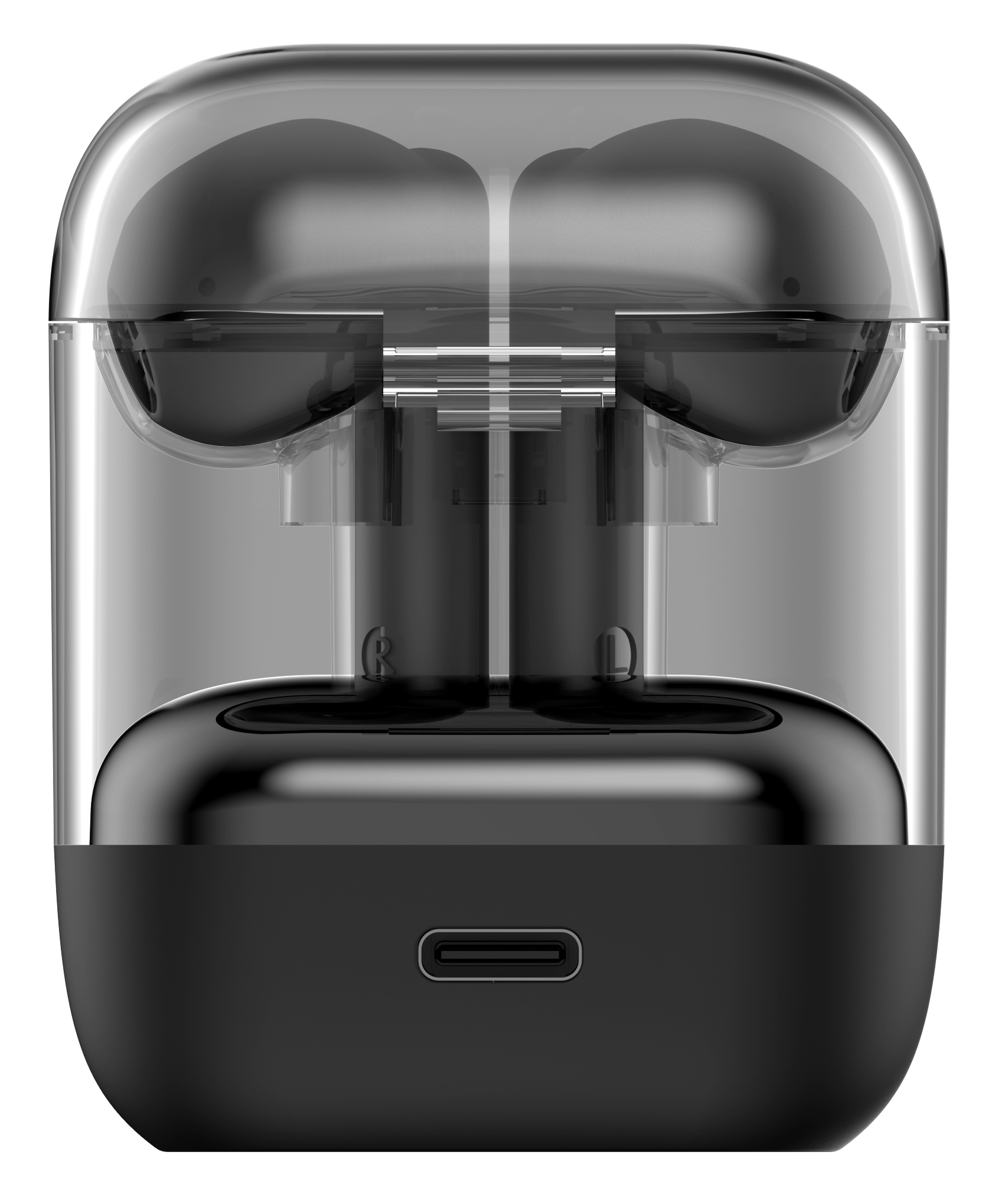 Przezroczyste etui z czarnymi słuchawkami w środku. Czarna podstawa z portem ładowania. Przezroczysta pokrywa.