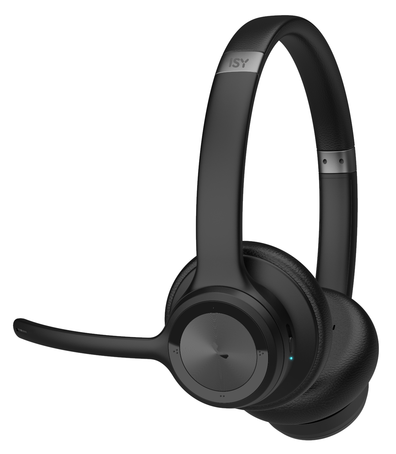 Czarny zestaw słuchawkowy ISY z mikrofonem na czarnym tle. Zestaw słuchawkowy ma metalową opaskę i niebieskie światło zasilania.