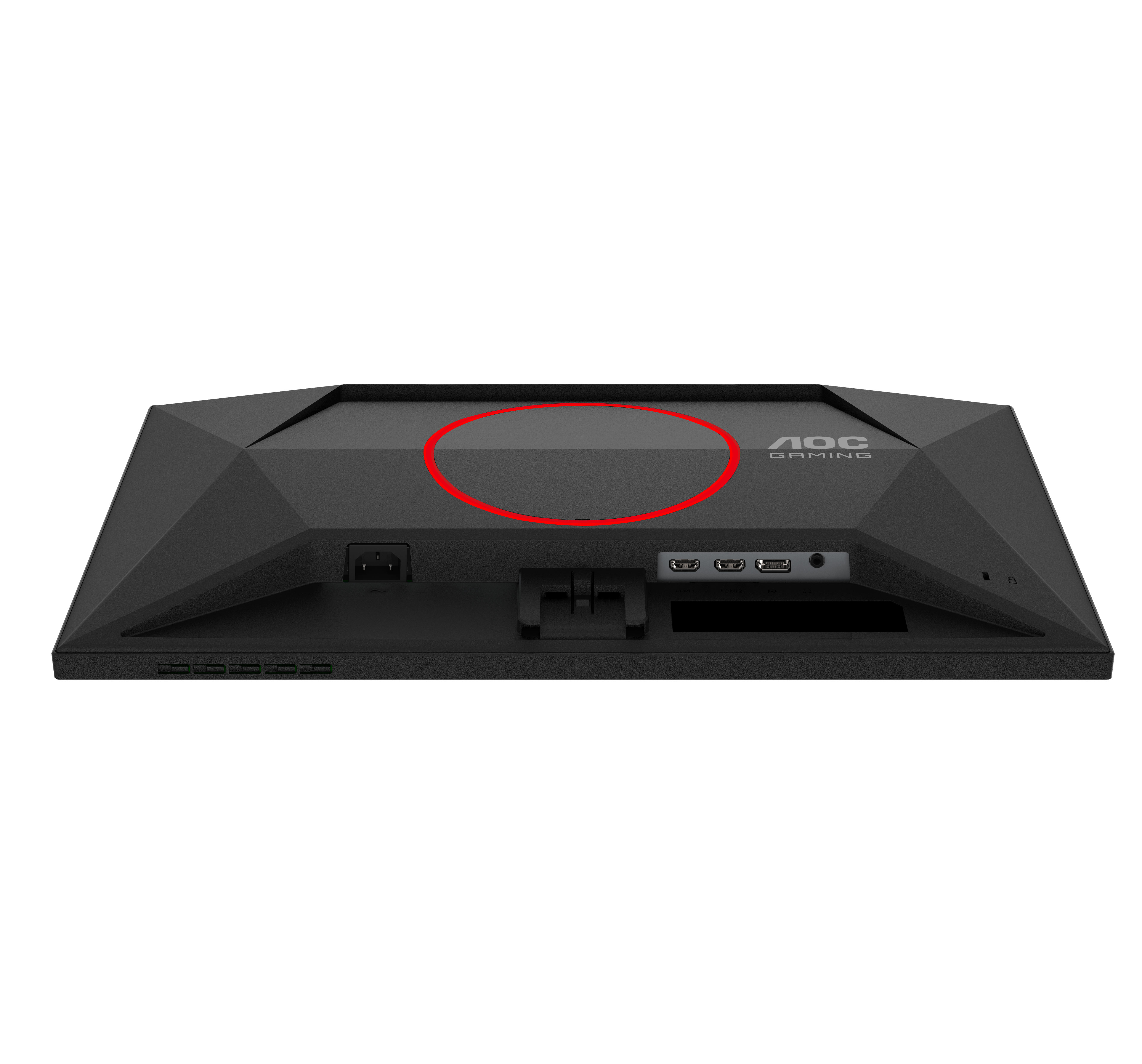 Rückseite eines schwarzen AOC-Gaming-Monitors, Anschlüsse und Stromeingang sichtbar. Roter Kreis Detail.