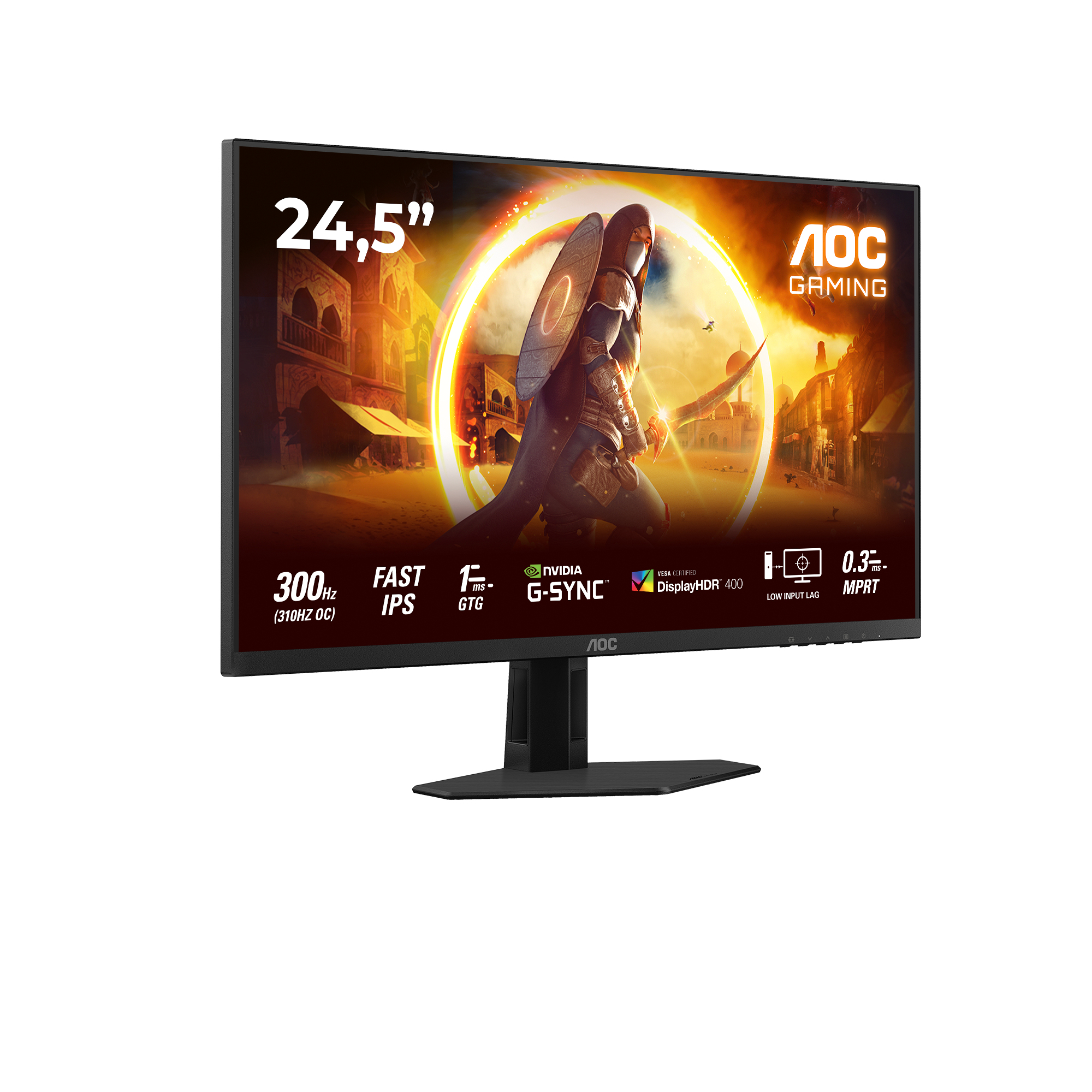 AOC-Gaming-Monitor mit Display, das einen Krieger in einer antiken Stadt zeigt. Technische Daten links und rechts.