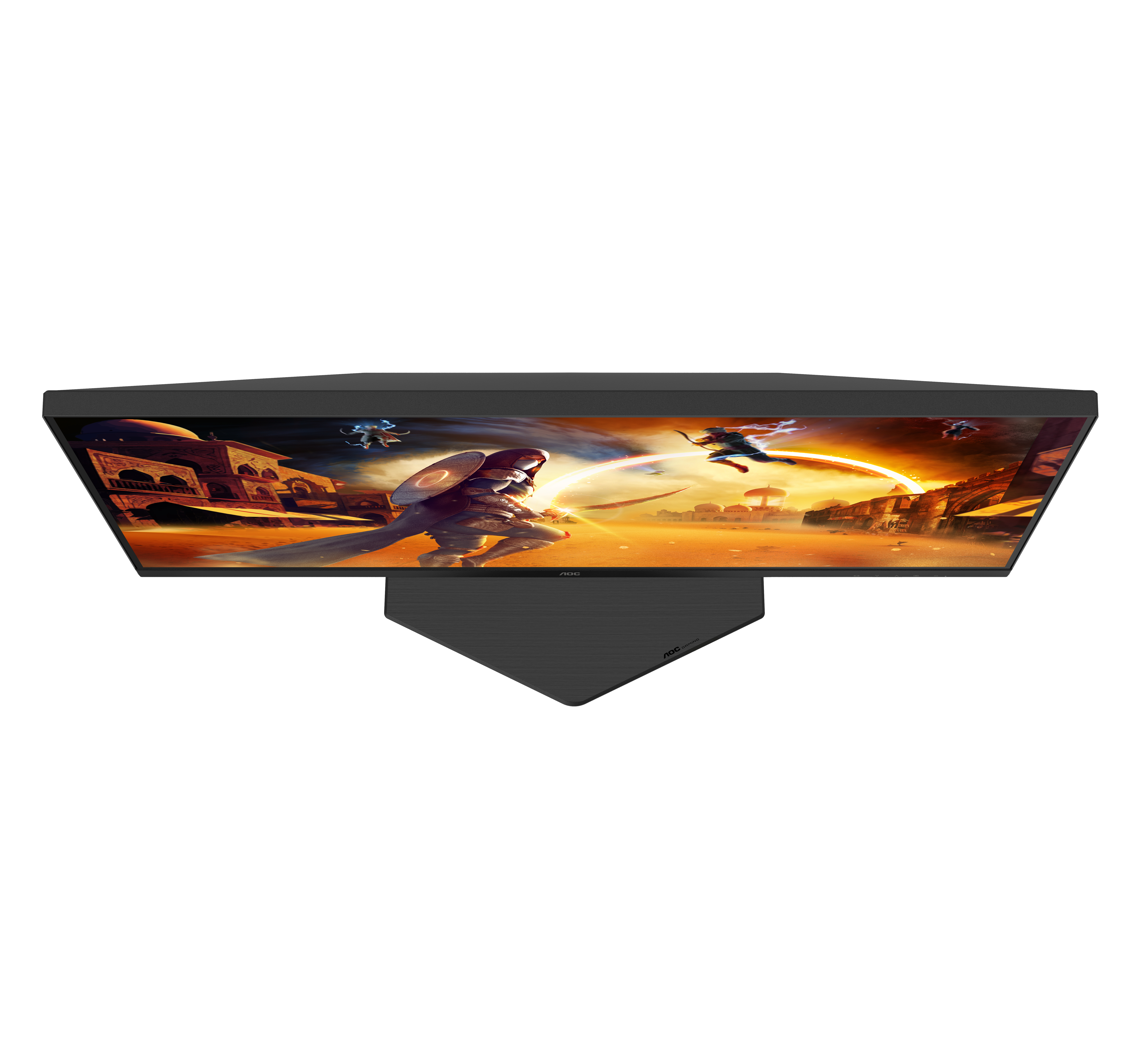 AOC-Gaming-Monitor zeigt eine Fantasieszene. Ein Krieger mit Schild und Figuren in Wüsten-Hintergrund sind sichtbar.