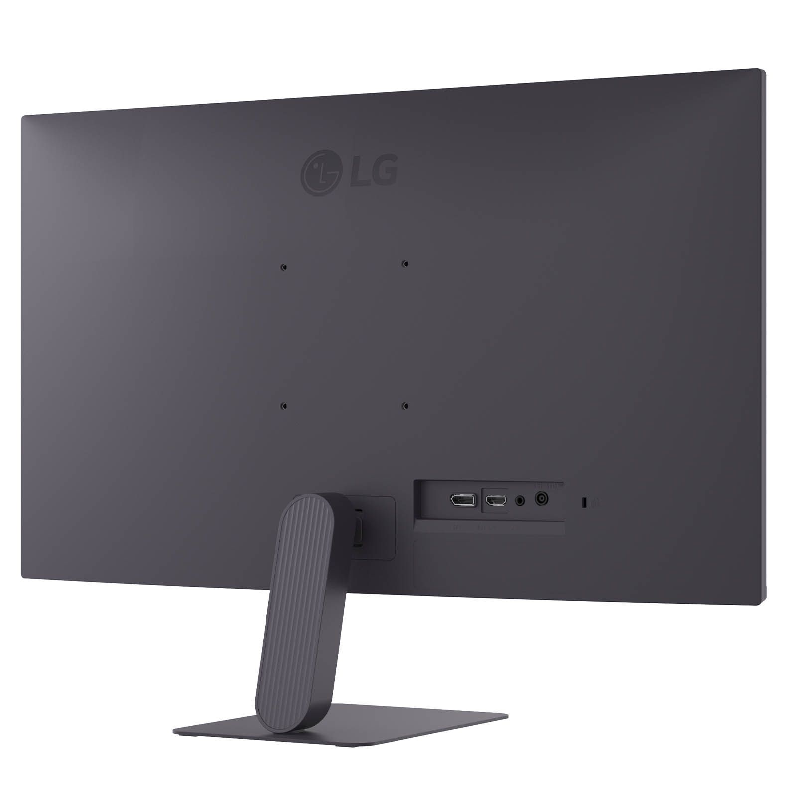 Rückseite eines grauen LG Monitors mit HDMI- und Stromanschlüssen.