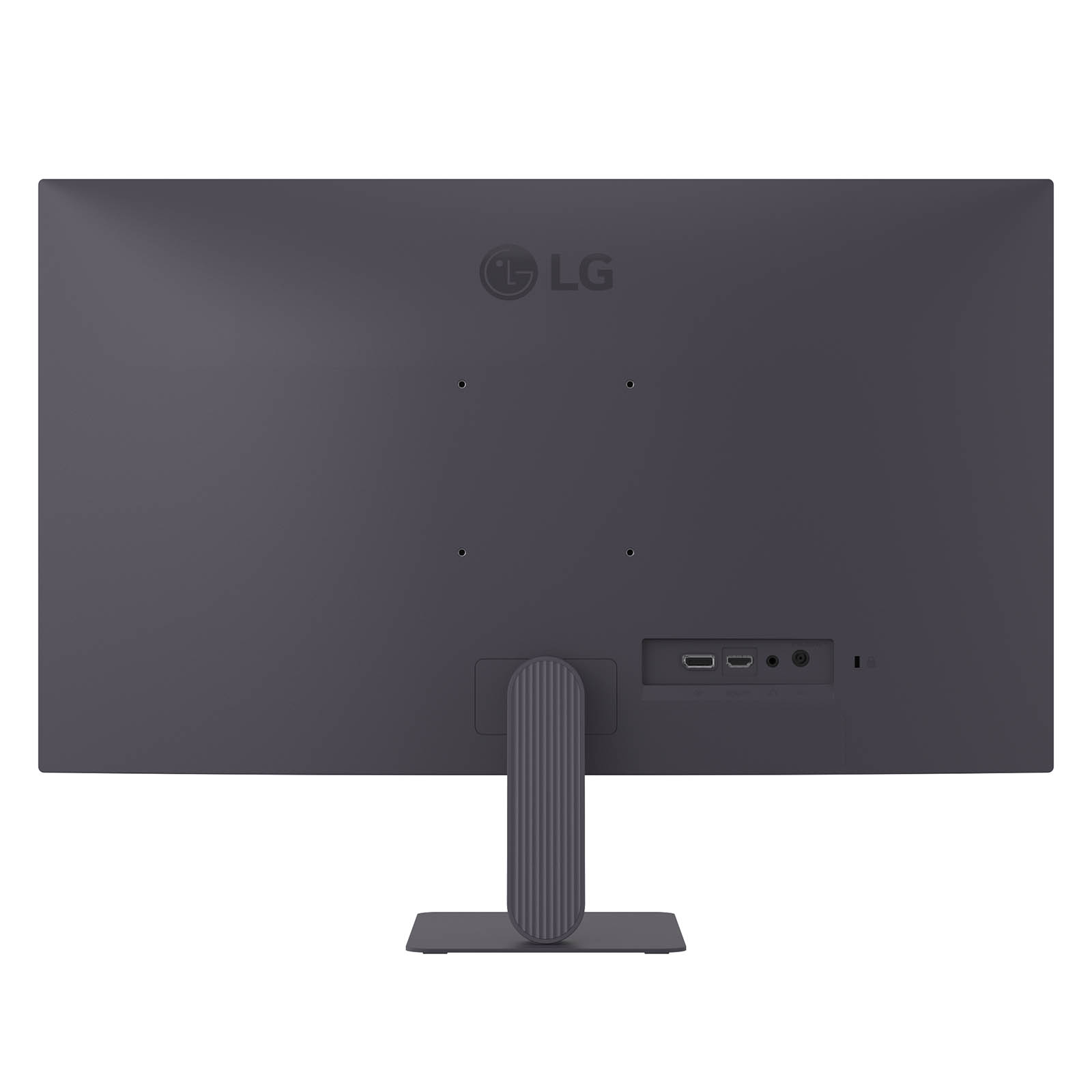 Rückseite eines grauen LG Monitors mit Anschlussbuchsen und Standfuß.