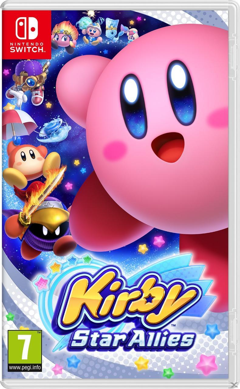 Okładka gry Kirby Star Allies. Różowy Kirby, inne postacie i logo. Marka Nintendo Switch. Kolorowa, z gwiazdami i scenami akcji.