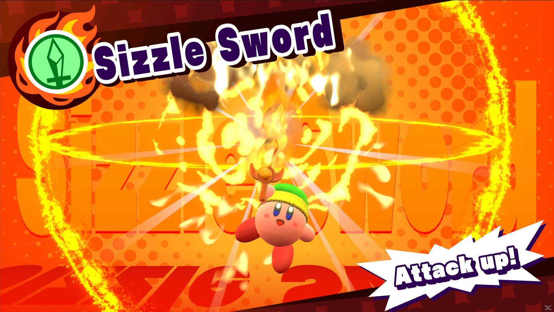 Kirby z płonącym mieczem. Tekst mówi 'Sizzle Sword' i 'Attack up!'. Pomarańczowe tło z efektami ognia.