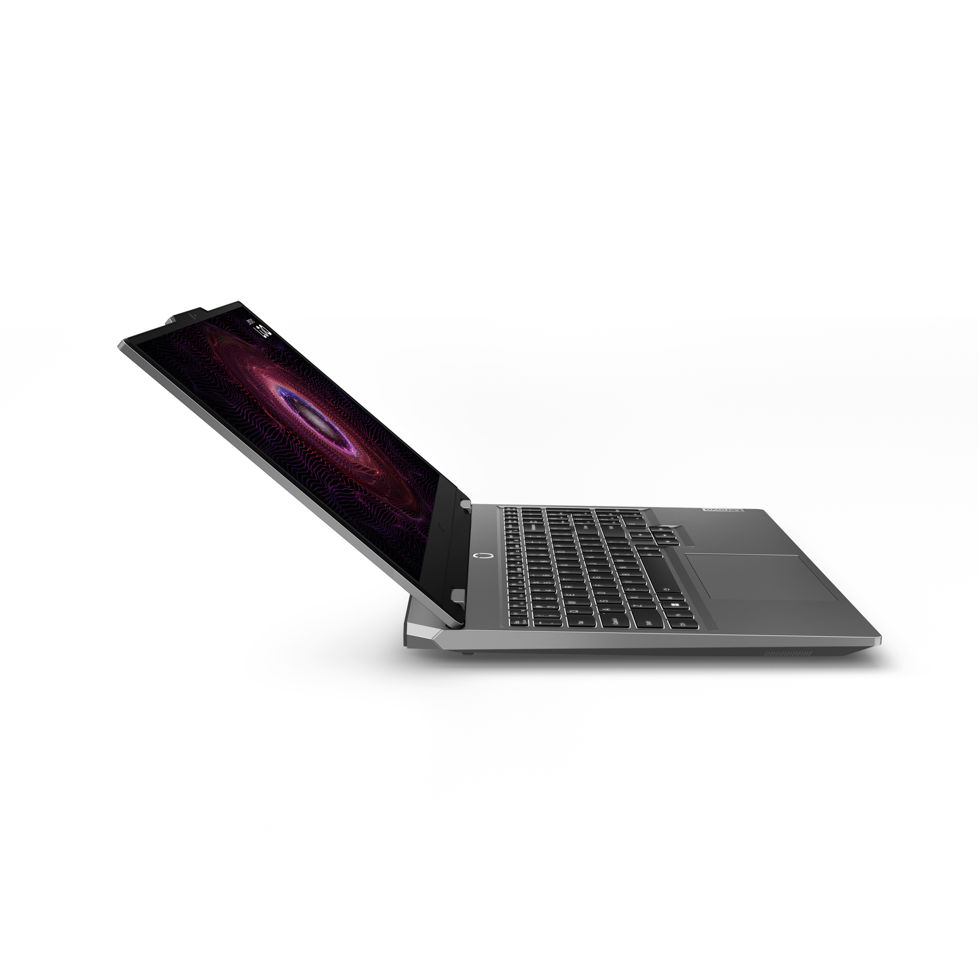 Szary laptop na czarnym tle. Ekran wyświetla abstrakcyjny wzór w kolorze fioletowym i różowym.