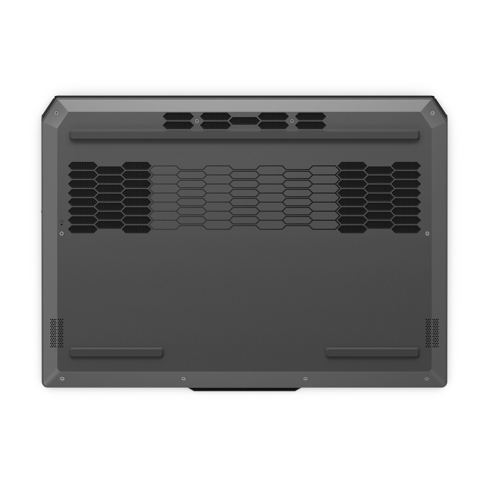 Spód szarego laptopa. Zawiera kratki wentylacyjne, śruby i teksturowaną powierzchnię na czarnym tle.