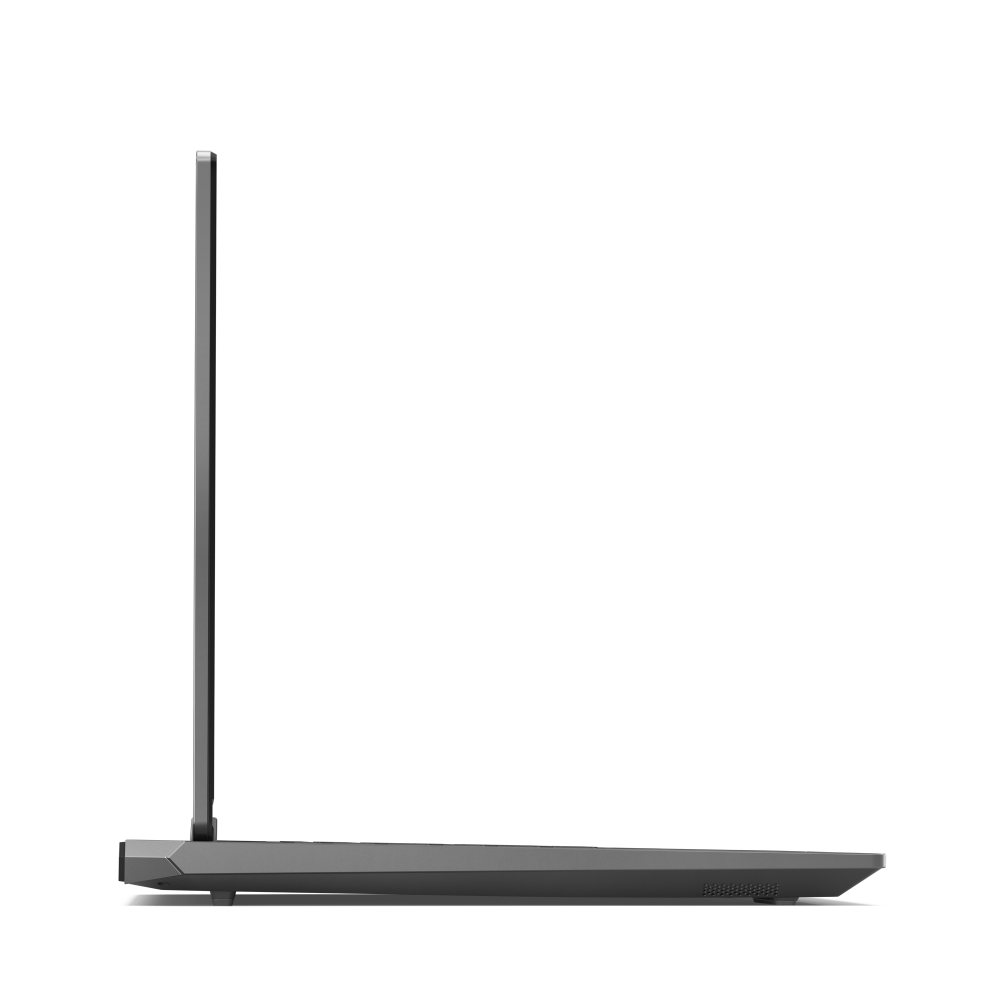 Widok z boku szarego laptopa na czarnym tle. Ekran jest otwarty.