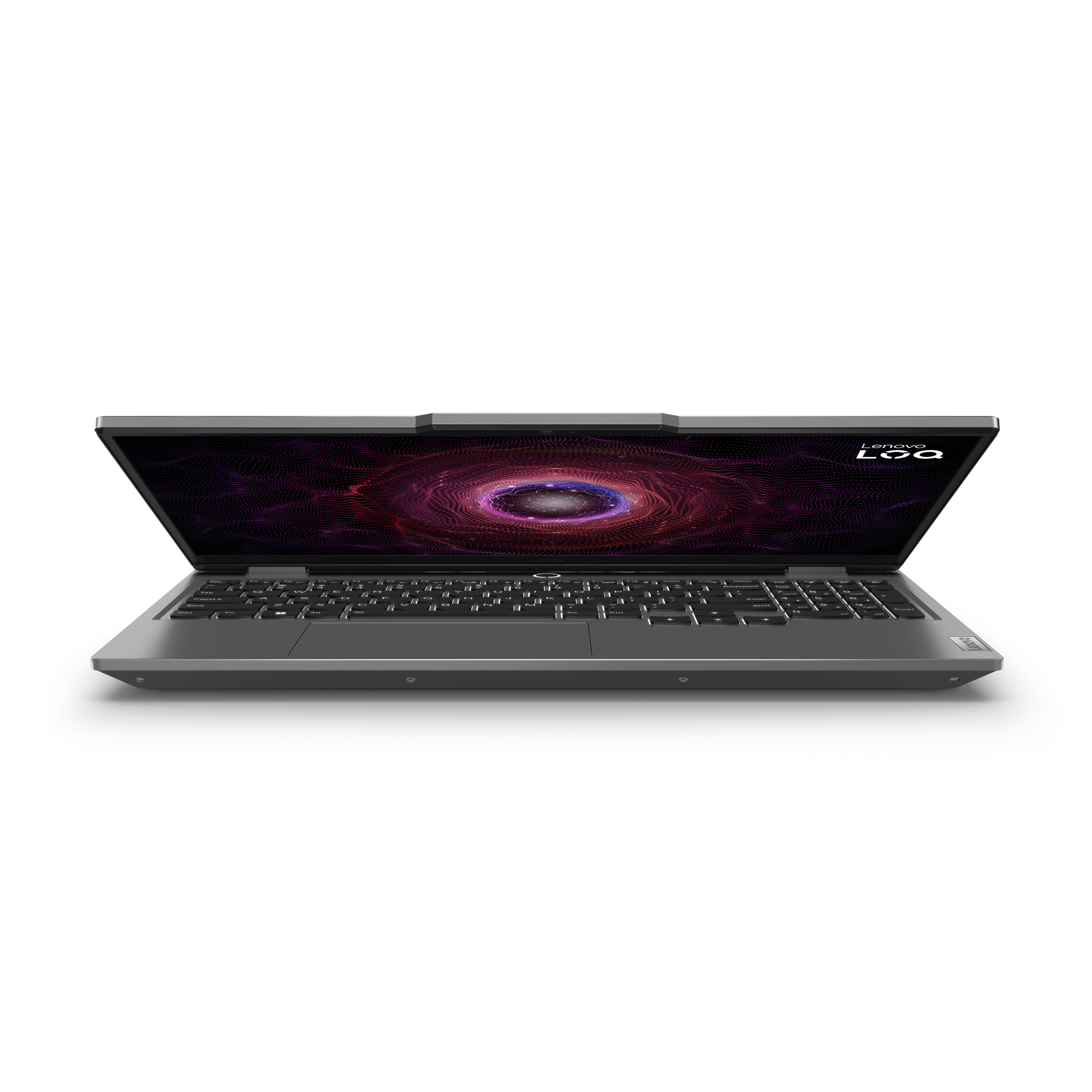 Laptop Lenovo Legion jest otwarty, wyświetlając fioletowo-czerwony wzór na ekranie. Tło jest czarne.